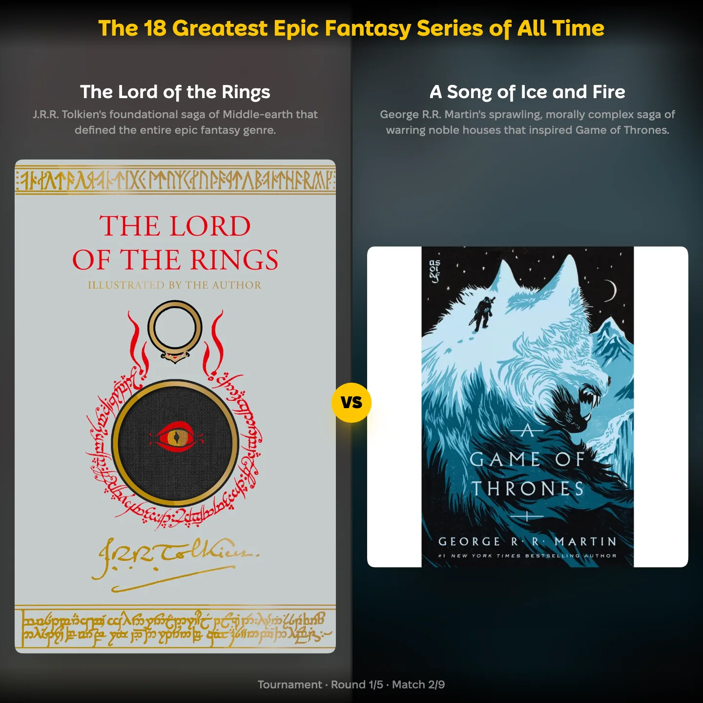 The greatest epic fantasy series of all time ranked, with The Lord of the Rings against A Song of Ice and Fire