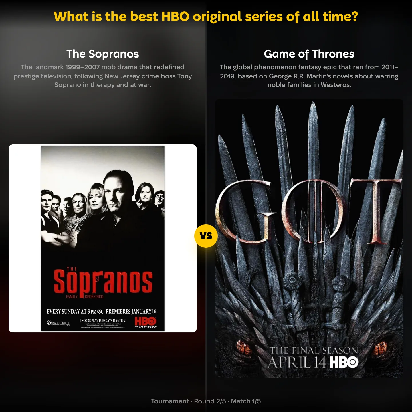 The best HBO original series of all time ranked, with The Sopranos against Game of Thrones