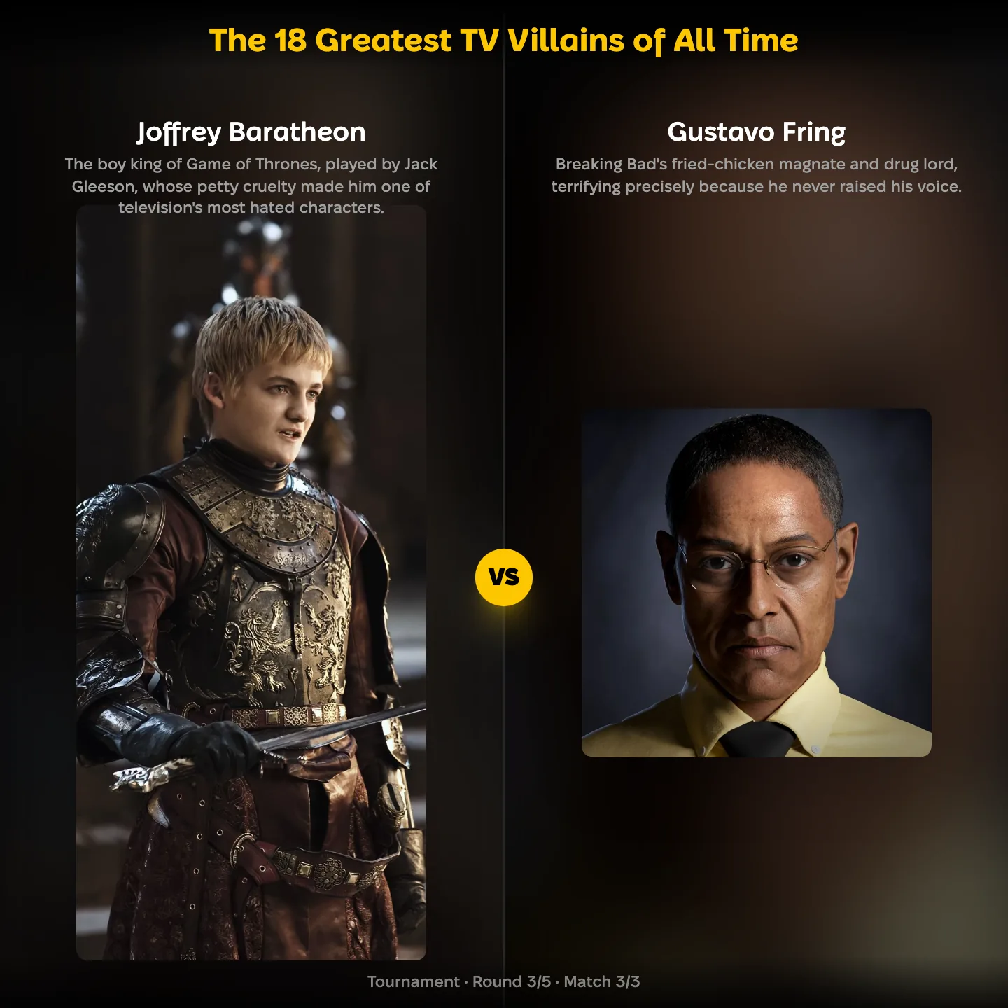 The greatest TV villains of all time ranked, with Joffrey Baratheon against Gustavo Fring