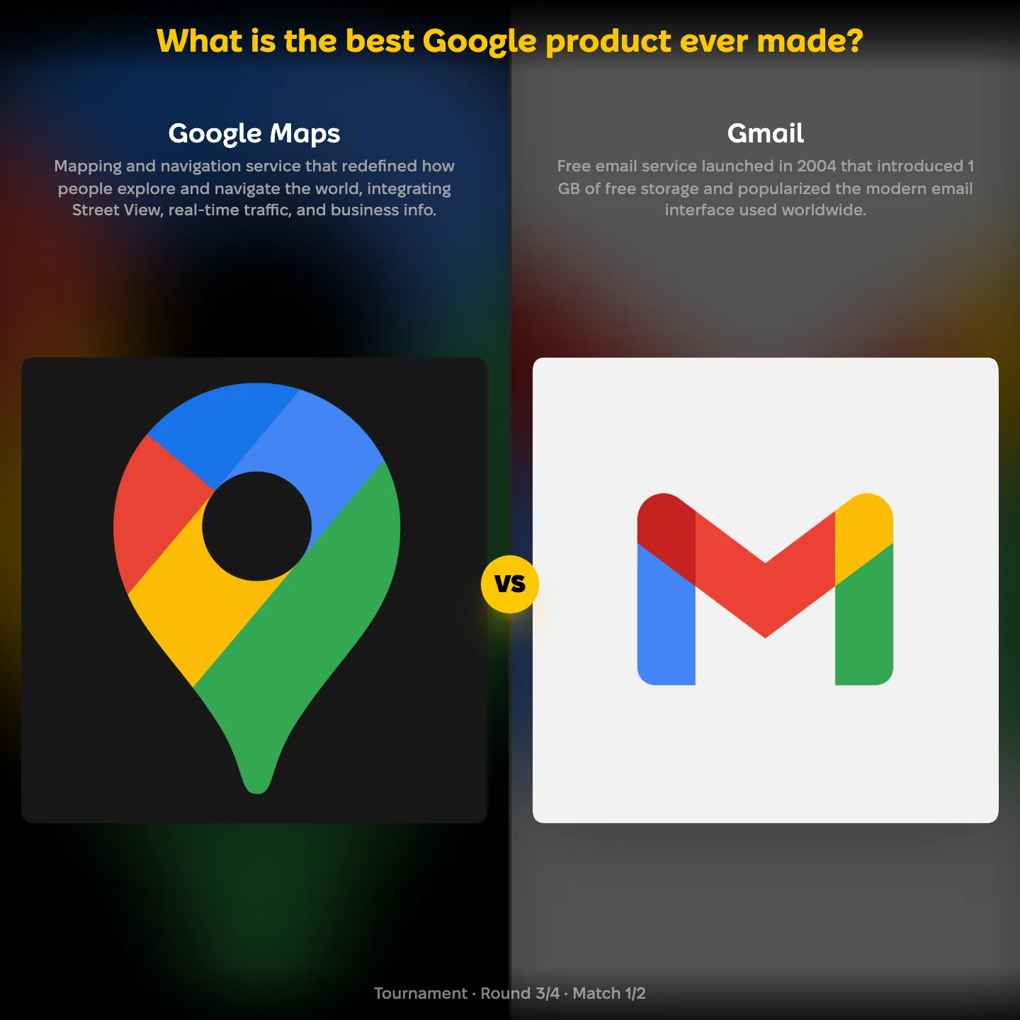 The best Google product ever made ranking, with Google Maps against Gmail