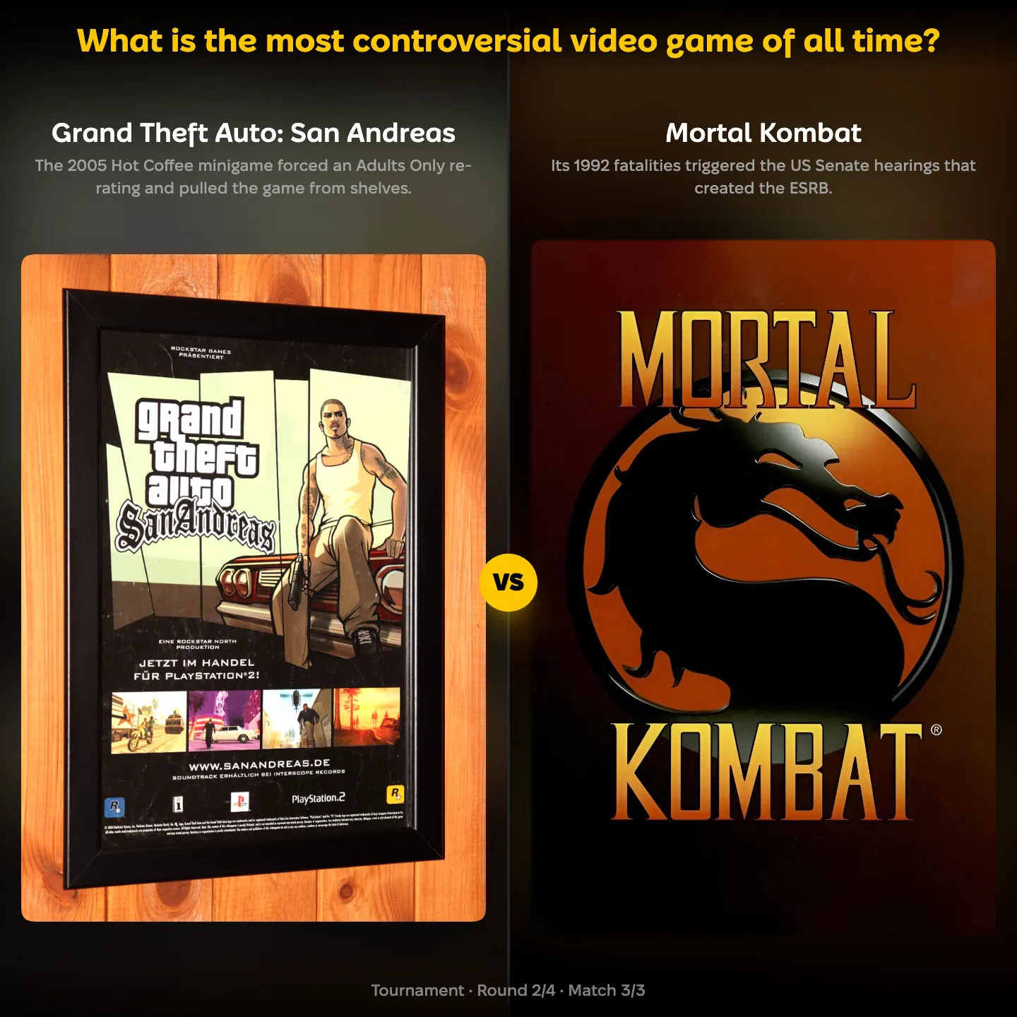 The most controversial video game of all time ranked, with GTA San Andreas against Mortal Kombat