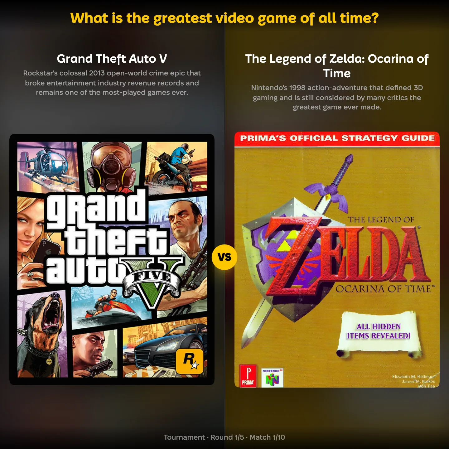 The greatest video game of all time ranked, with Grand Theft Auto V against The Legend of Zelda: Ocarina of Time