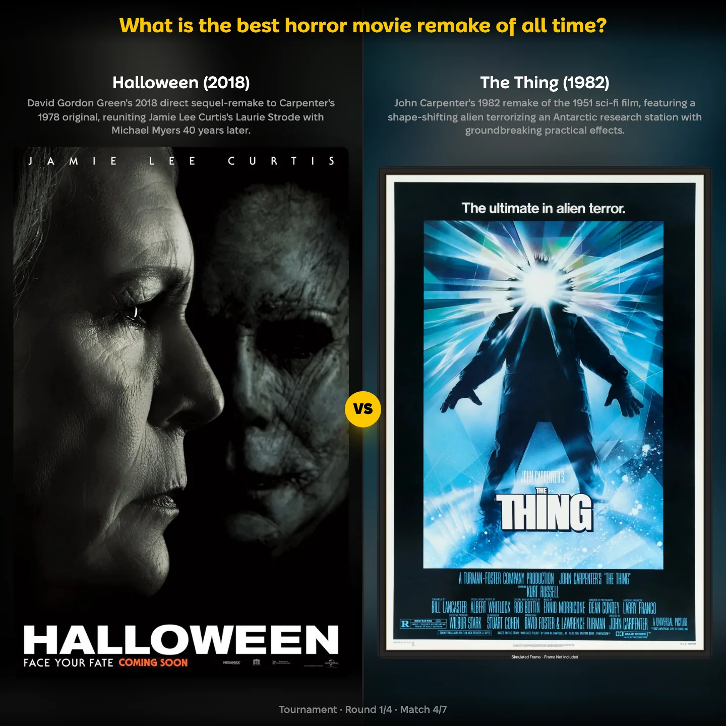 The best horror movie remake ranked, with Halloween (2018) against John Carpenter's The Thing