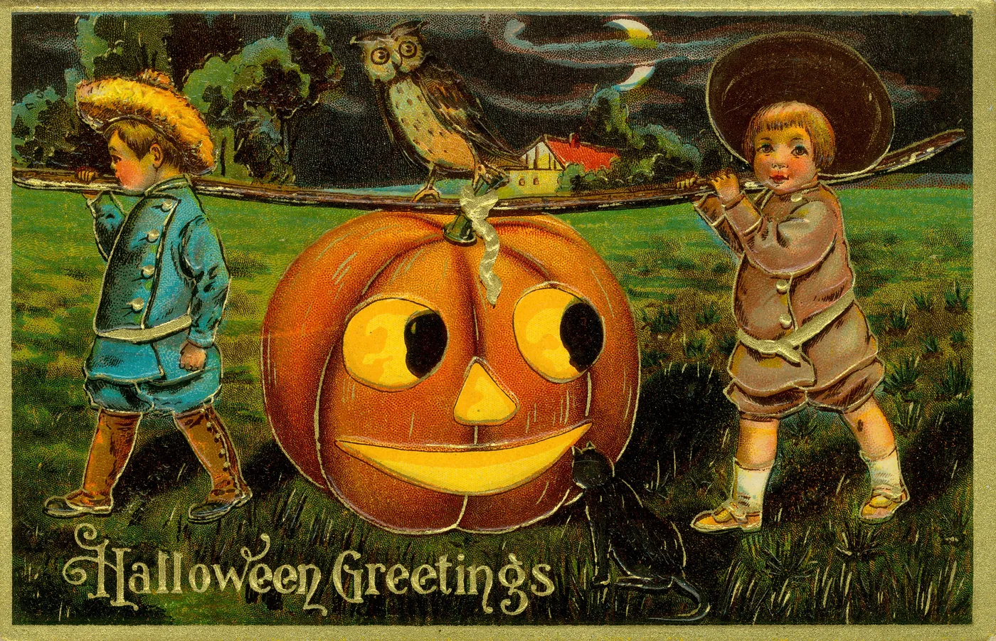 Two boys carrying a giant jack-o'-lantern on a pole, from a Halloween Greetings postcard of about 1910