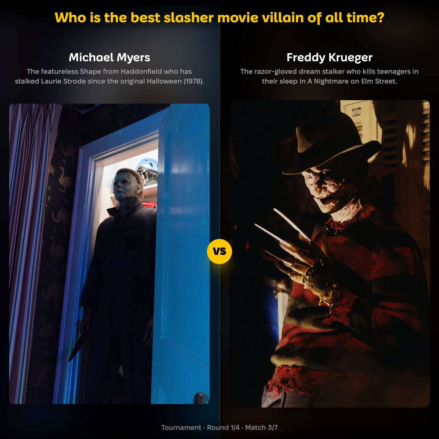 The best slasher movie villain ranked, with Michael Myers from Halloween against Freddy Krueger