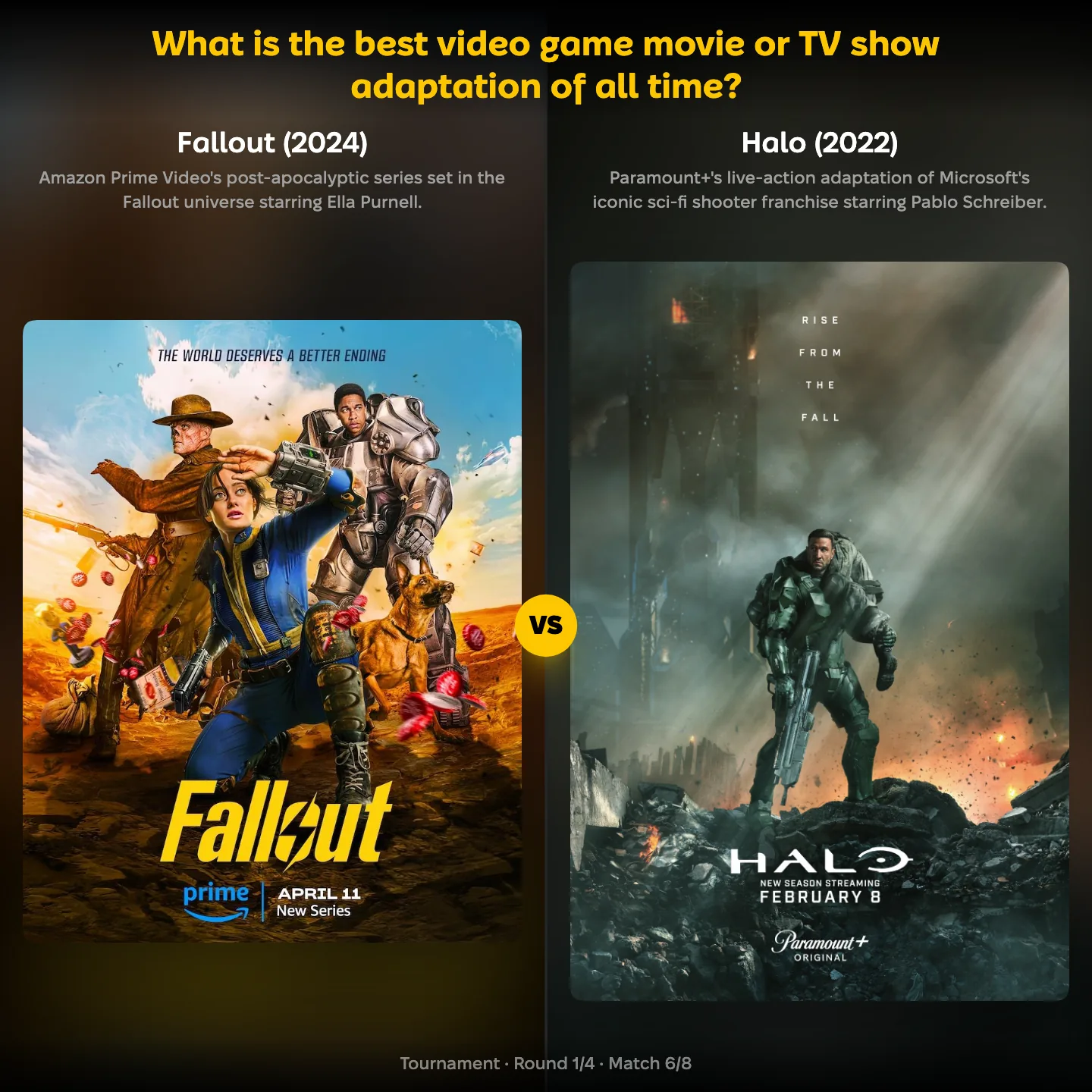 The best video game movie or TV show adaptation of all time ranked, with Halo (2022) against Fallout (2024)