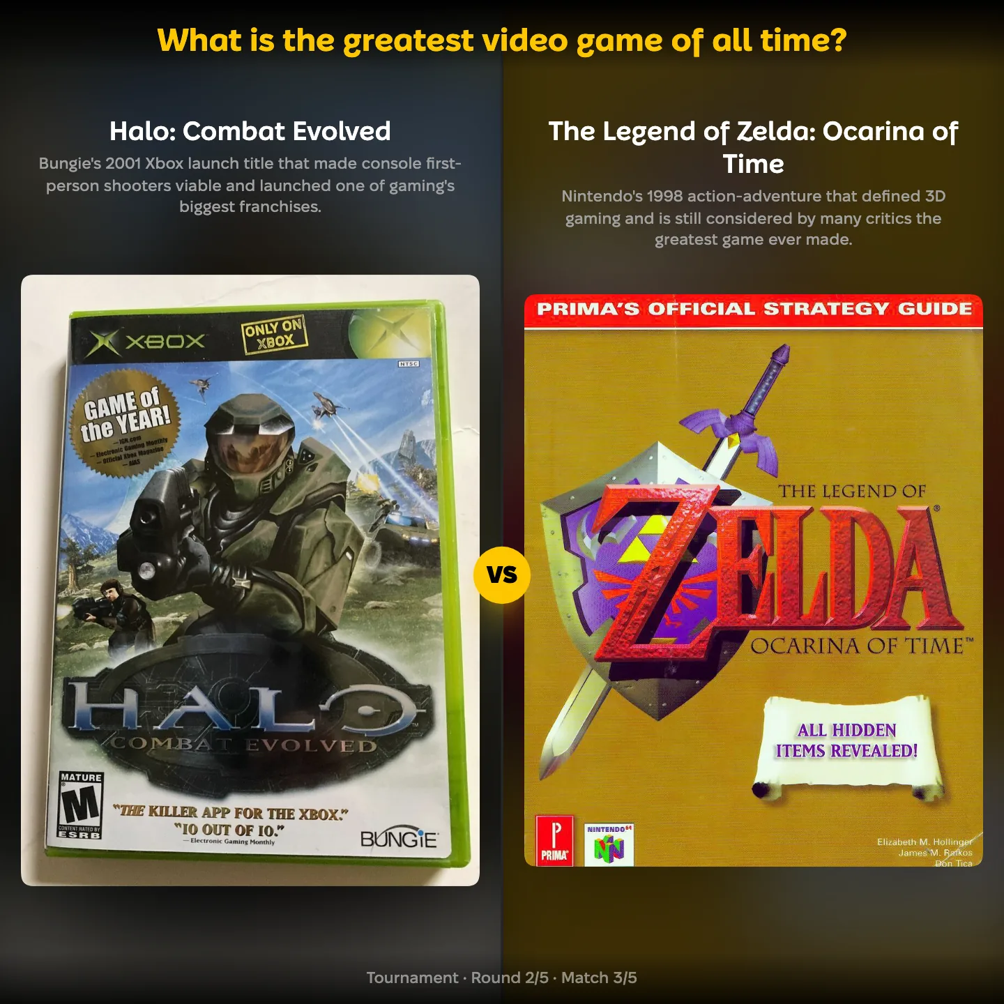 The greatest video game of all time ranked, with Halo: Combat Evolved against The Legend of Zelda: Ocarina of Time
