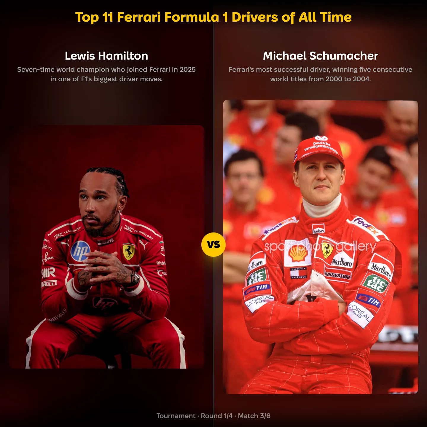 The top Ferrari Formula 1 drivers of all time ranked, with Lewis Hamilton against Michael Schumacher