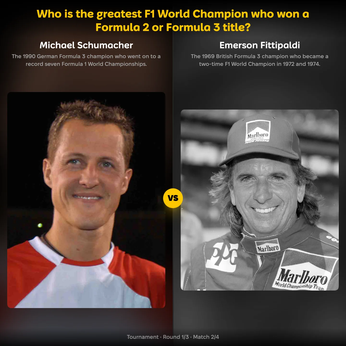 The greatest F1 world champion who won a Formula 2 or Formula 3 title ranked, with Michael Schumacher against Emerson Fittipaldi