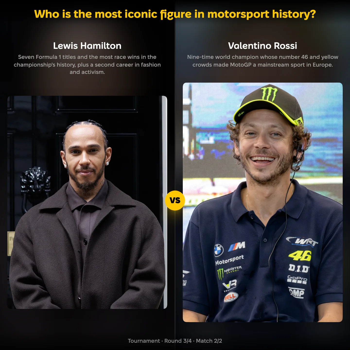 The most iconic figure in motorsport history ranked, Lewis Hamilton against Valentino Rossi