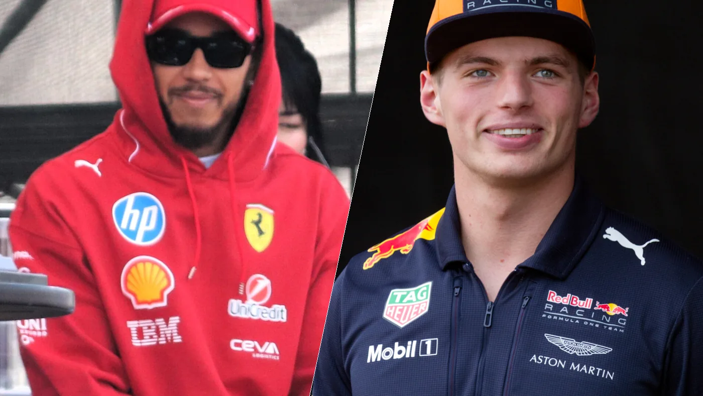 Lewis Hamilton in Ferrari team kit and Max Verstappen in Red Bull team kit, side by side