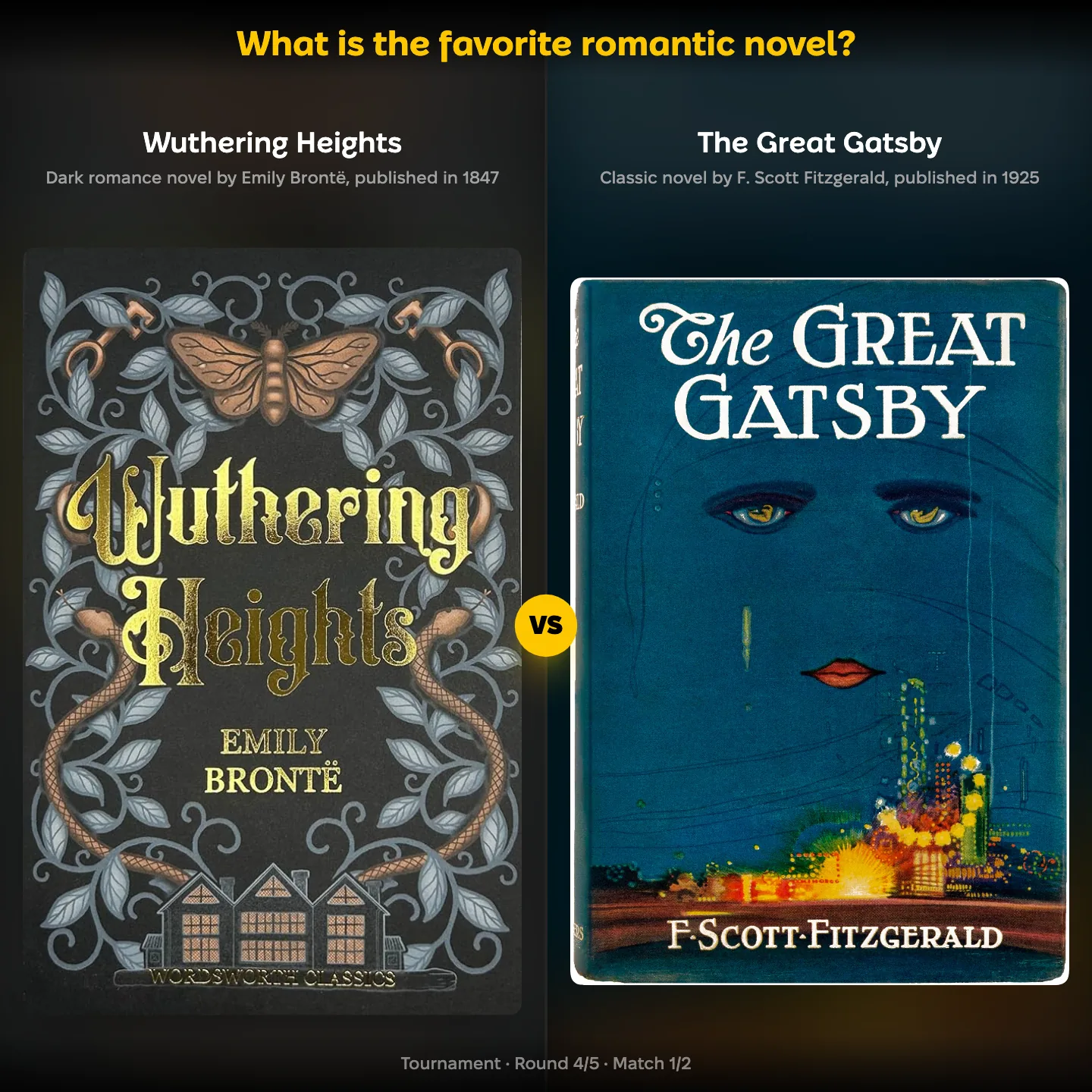 The favorite romantic novel ranked, with Wuthering Heights against F. Scott Fitzgerald's The Great Gatsby