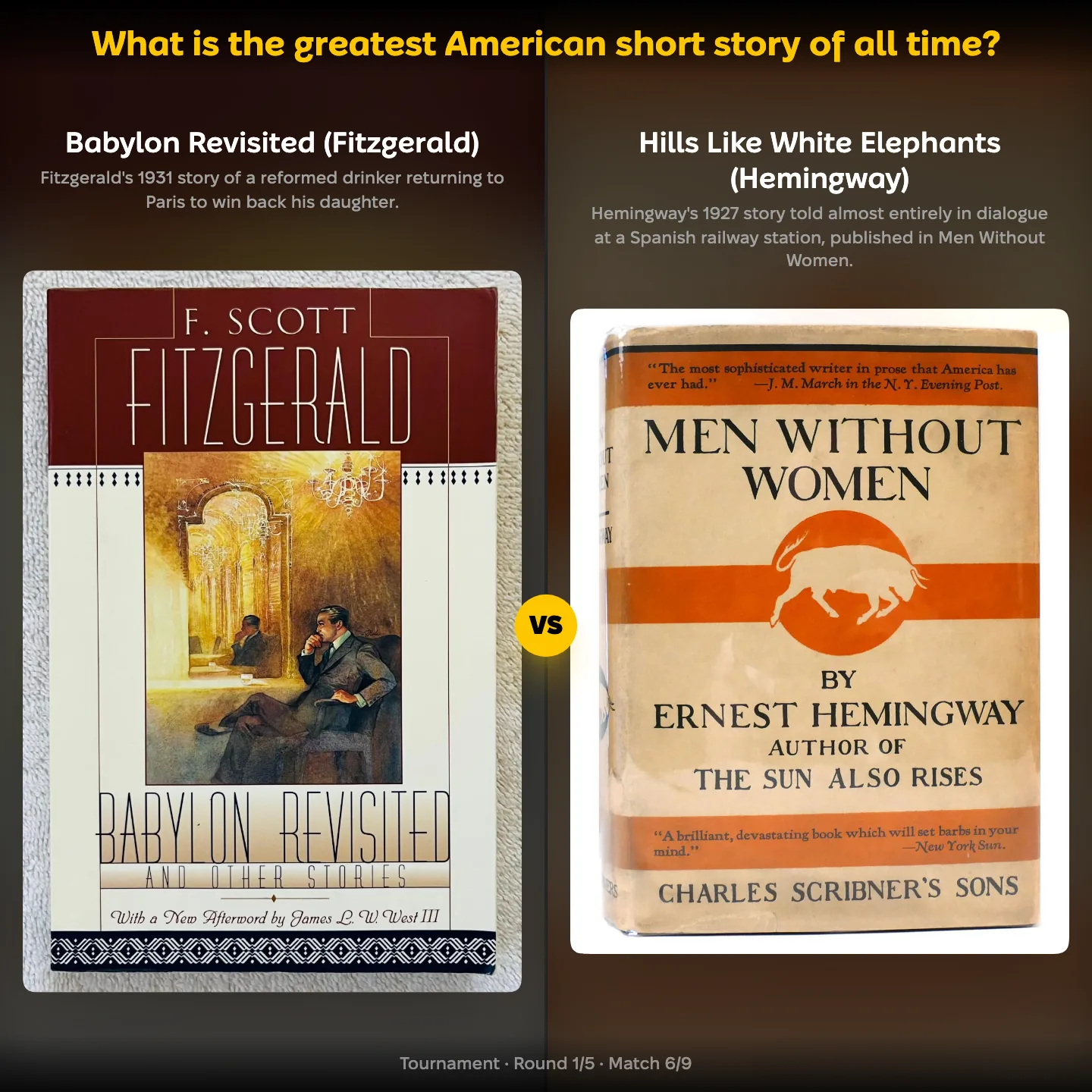 The greatest American short story of all time ranked, with Fitzgerald's Babylon Revisited against Hemingway's Hills Like White Elephants