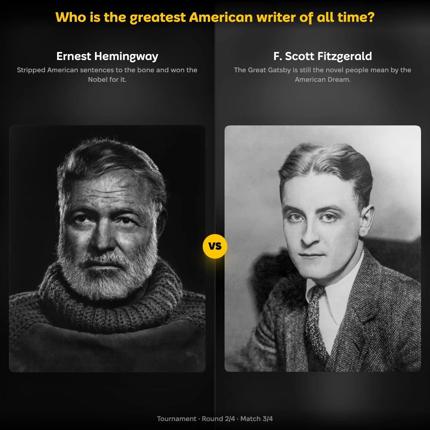 The greatest American writer of all time ranked, with Ernest Hemingway against F. Scott Fitzgerald