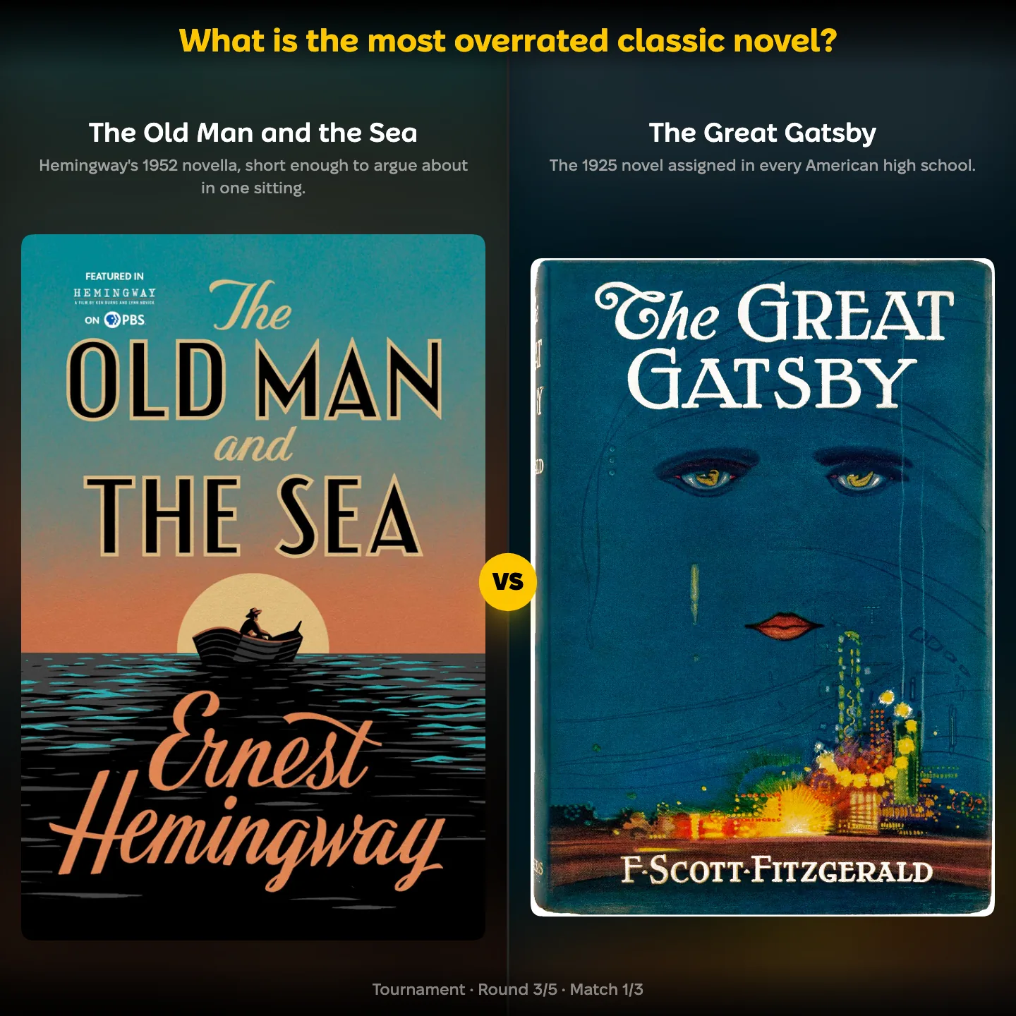 The most overrated classic novel ranked, with The Old Man and the Sea against The Great Gatsby