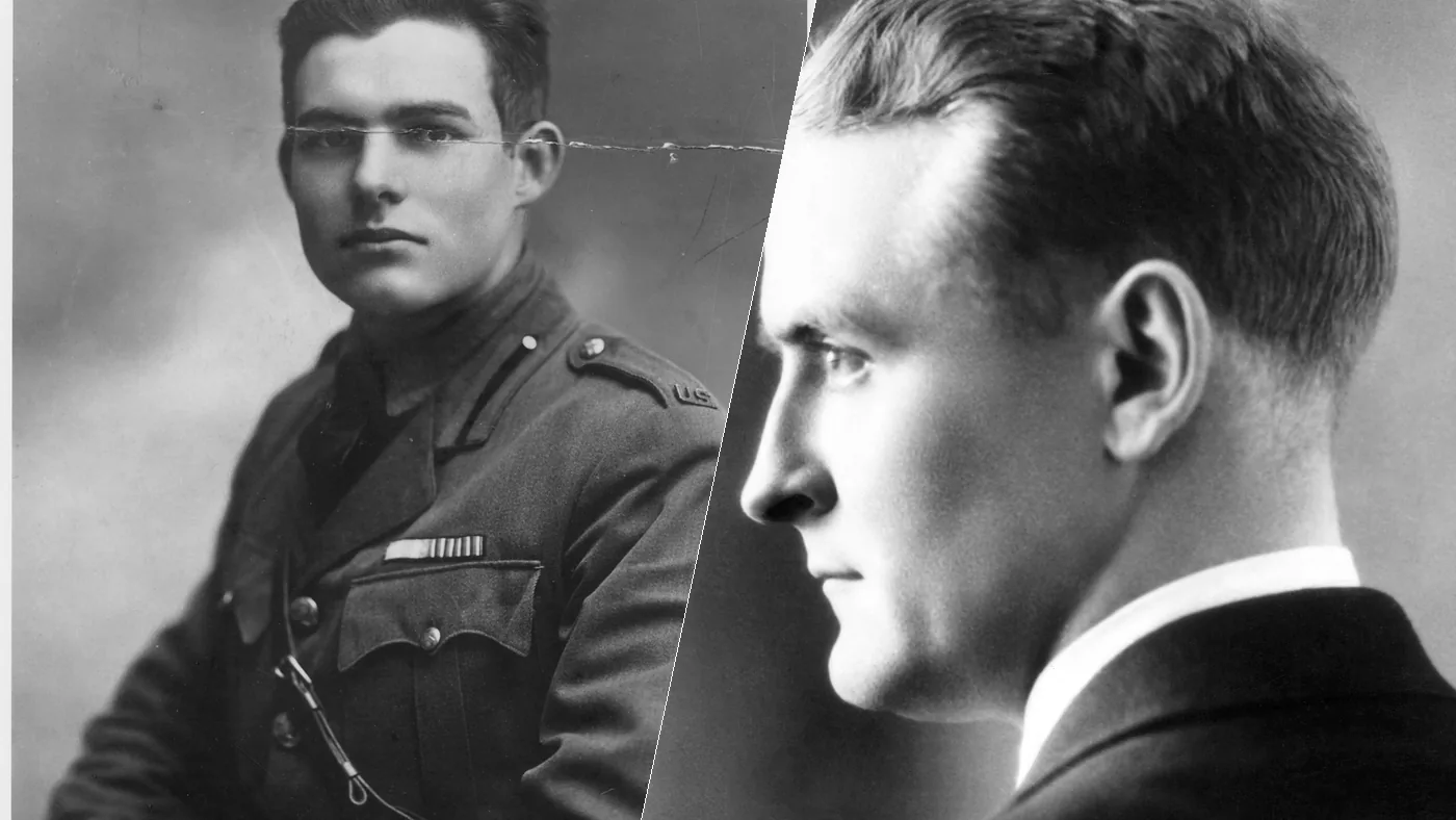 Ernest Hemingway in 1918 and F. Scott Fitzgerald in 1926, side by side
