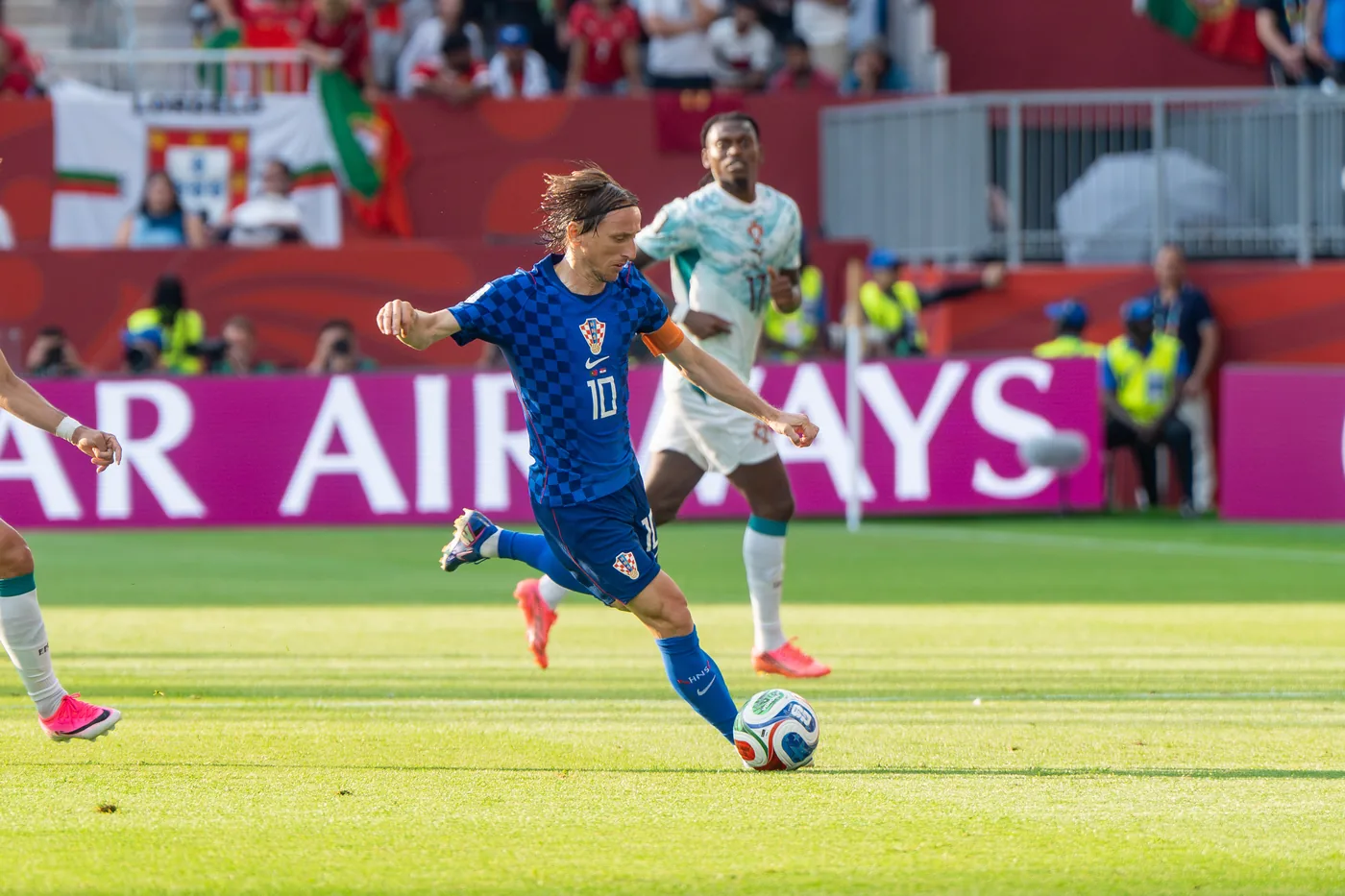 Luka Modrić on the ball for Croatia against Portugal at the 2026 World Cup, aged 40