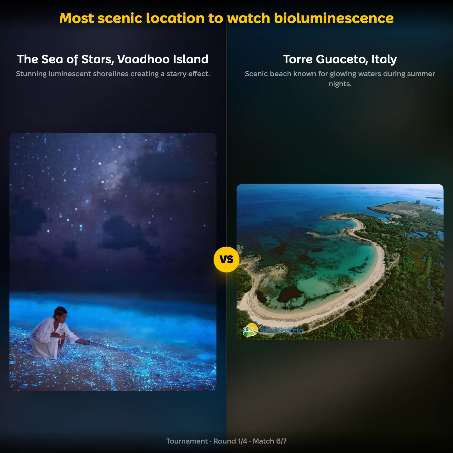 The most scenic location to watch bioluminescence ranked, with the Sea of Stars at Vaadhoo Island against Torre Guaceto, Italy
