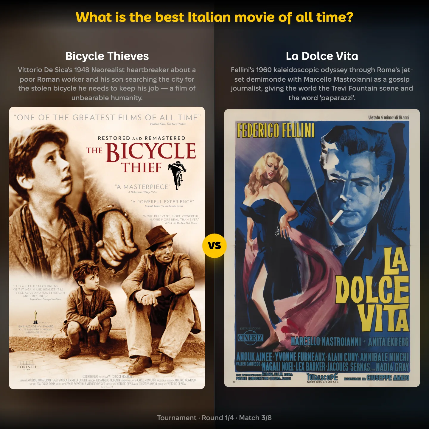 The best Italian movie of all time ranked, with Bicycle Thieves against La Dolce Vita