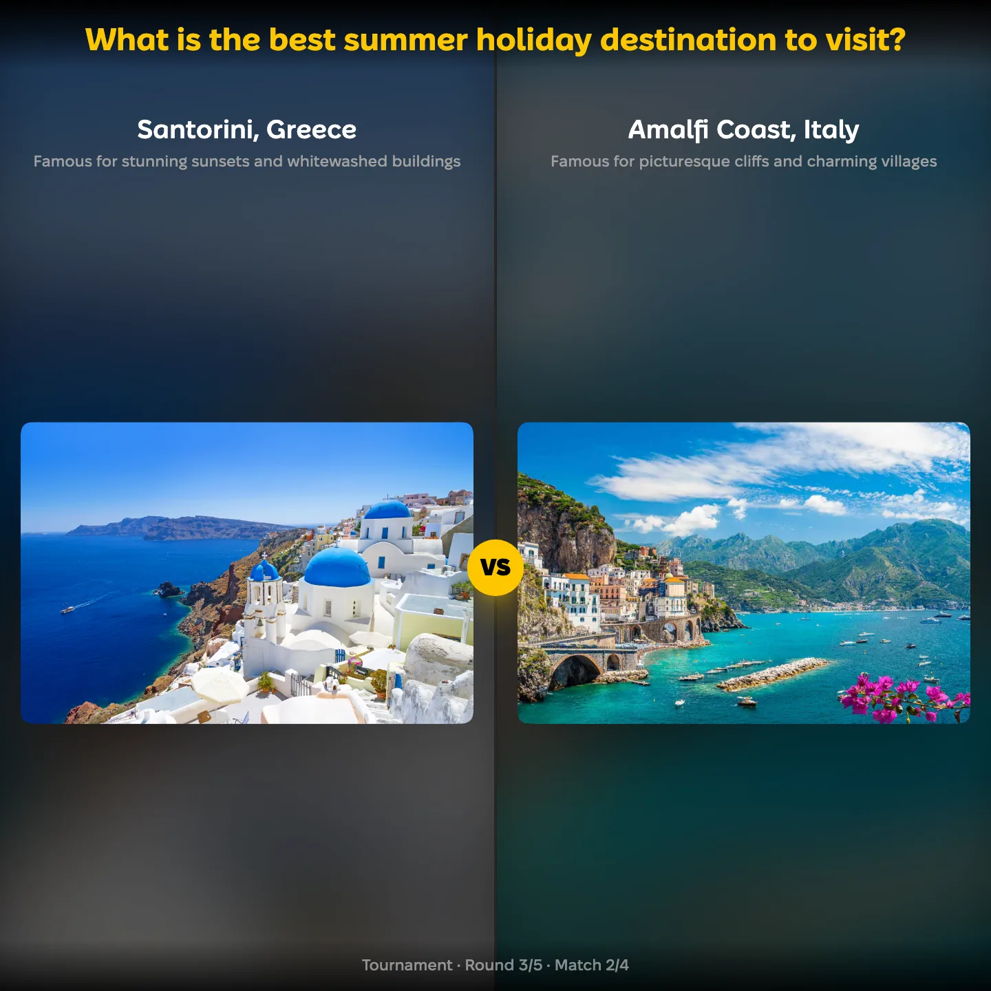 The best summer holiday destination ranked, with Santorini, Greece against the Amalfi Coast, Italy