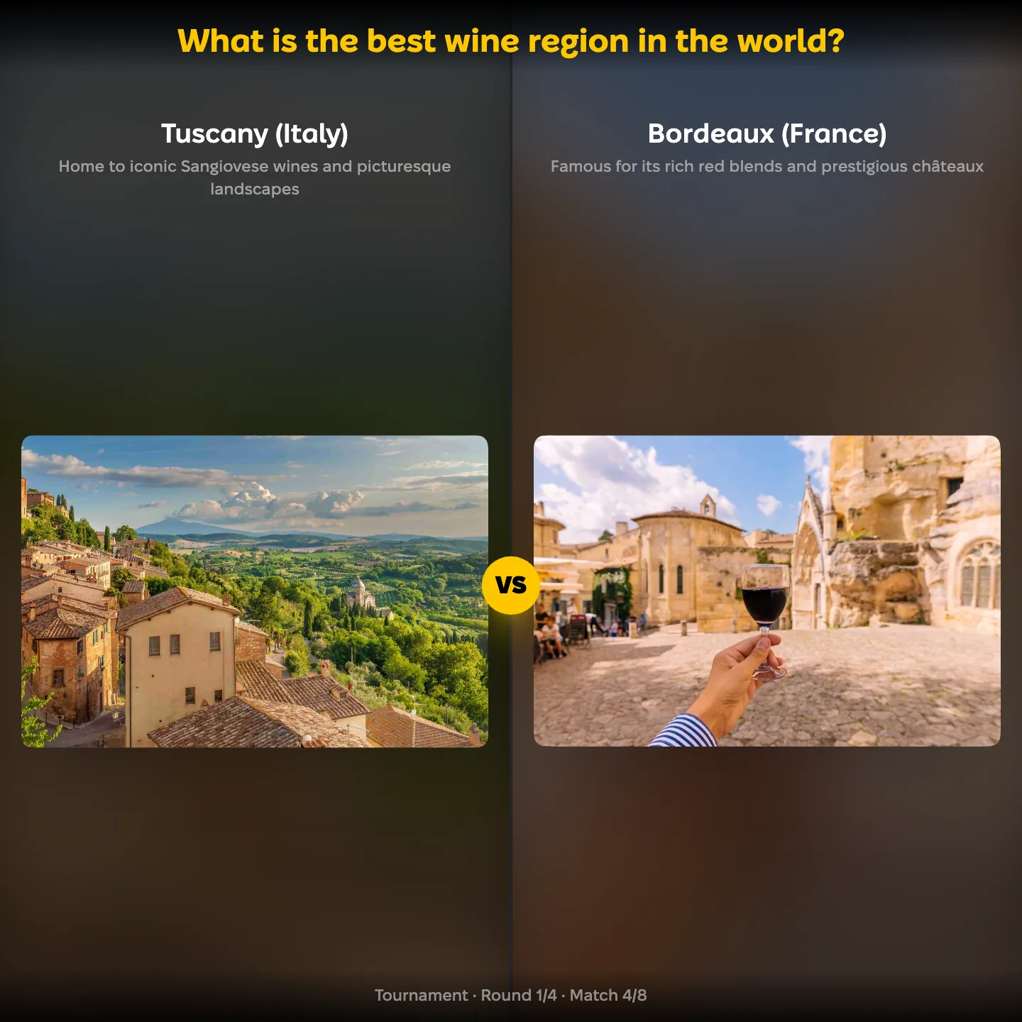 The best wine region in the world ranked, with Tuscany, Italy against Bordeaux, France