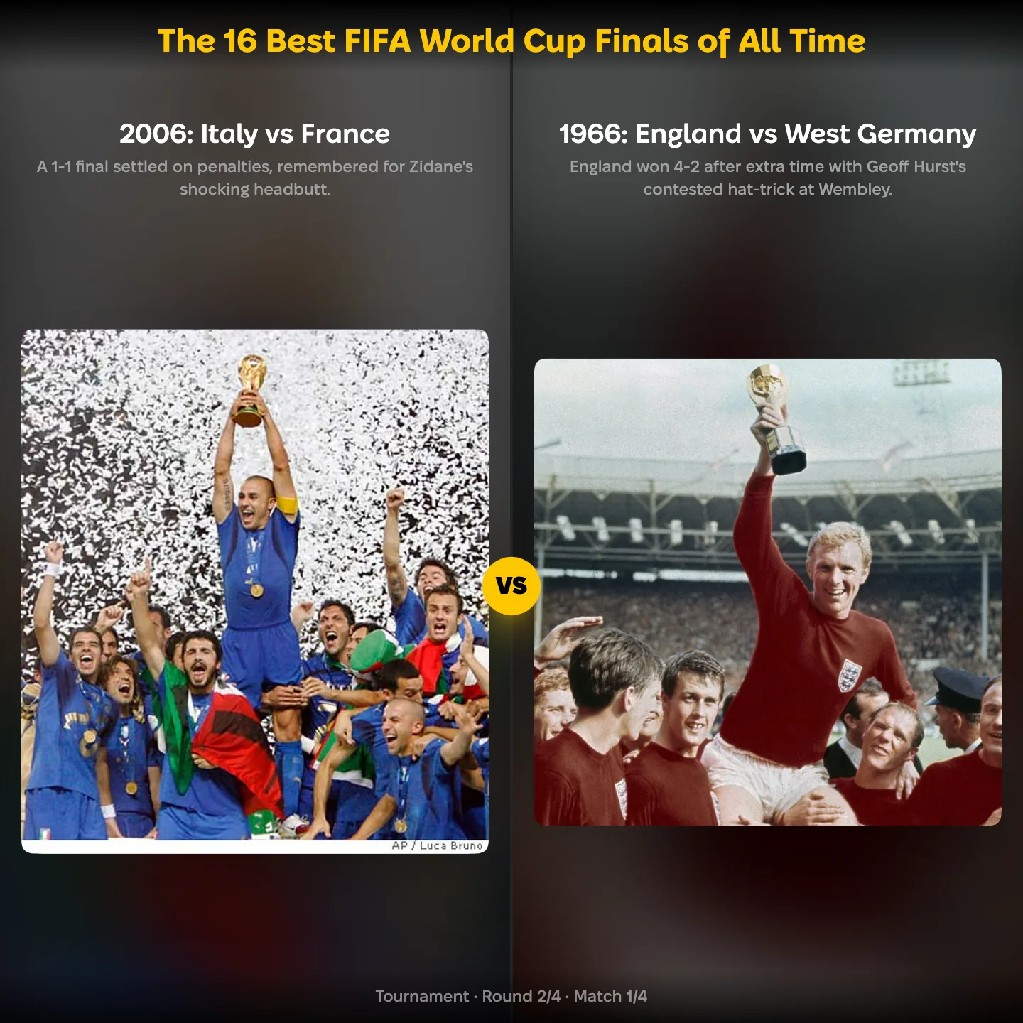 The 16 best FIFA World Cup finals of all time ranked, with Italy against France 2006 and England against West Germany 1966