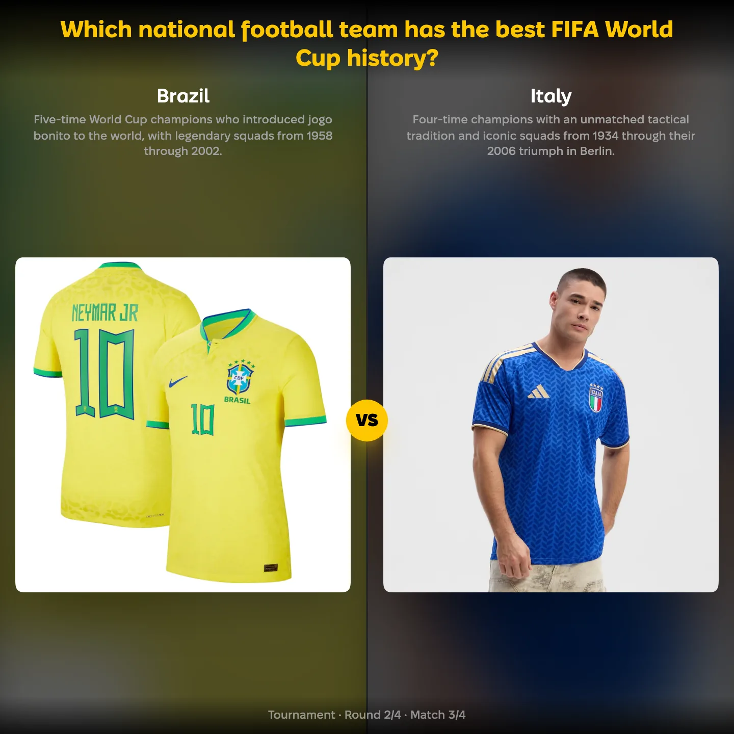 Which national football team has the best FIFA World Cup history, with Brazil against Italy