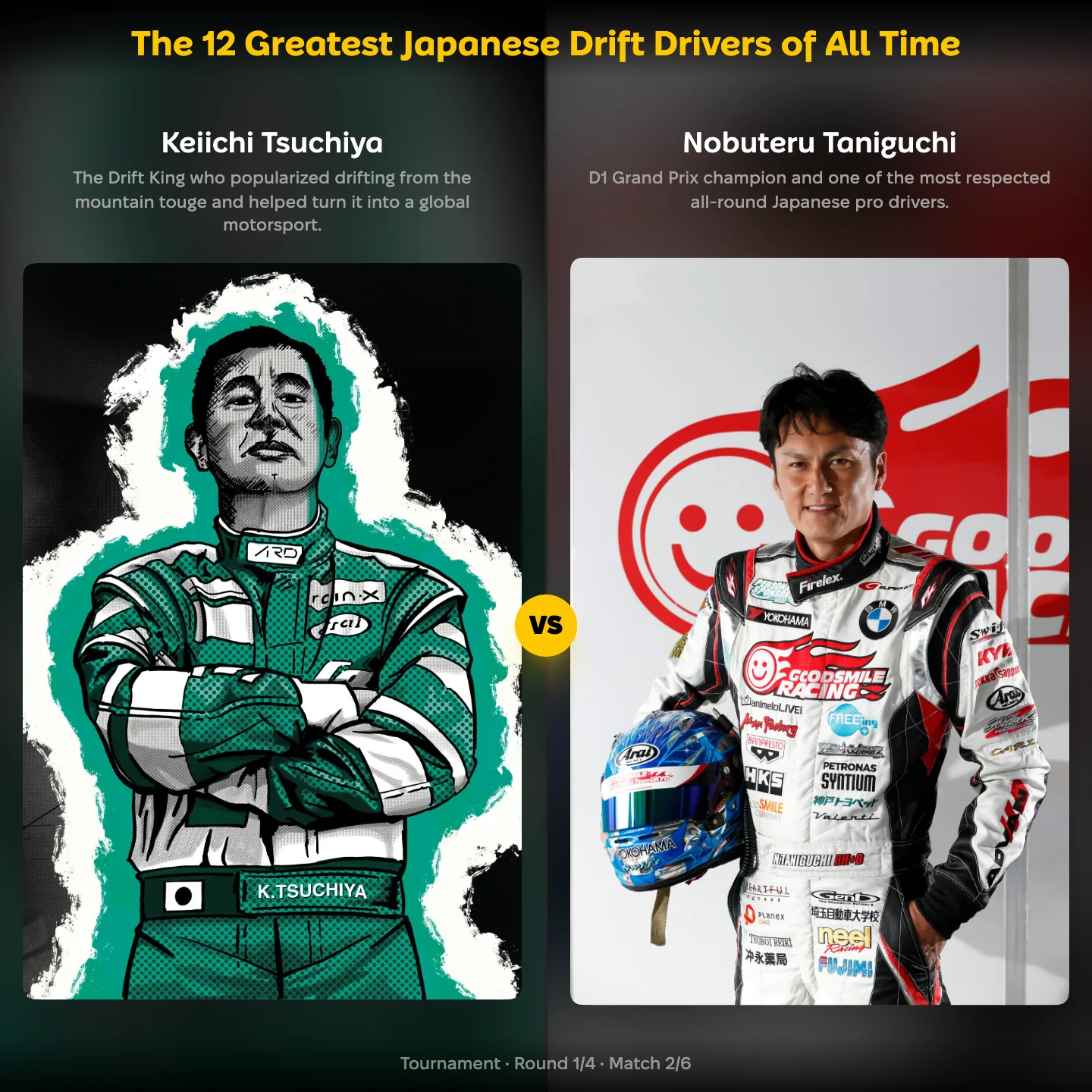 The 12 Greatest Japanese Drift Drivers of All Time ranking — Keiichi Tsuchiya against Nobuteru Taniguchi