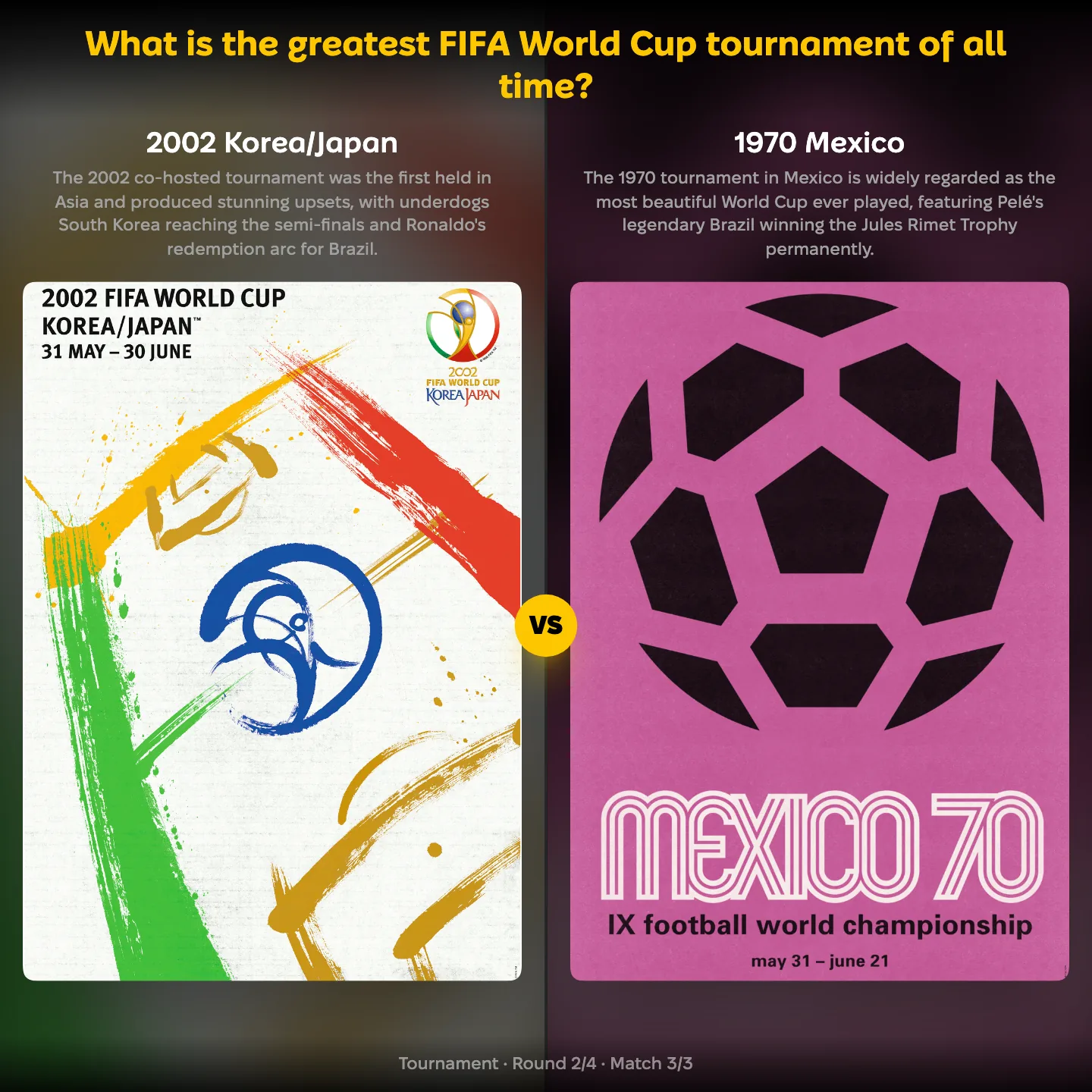 What is the greatest FIFA World Cup tournament of all time? ranking — 2002 Korea/Japan against 1970 Mexico