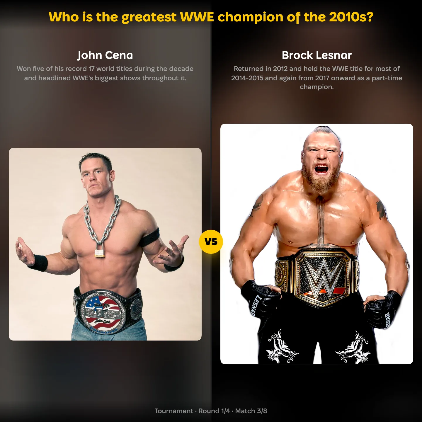 The greatest WWE champion of the 2010s ranking, John Cena against Brock Lesnar