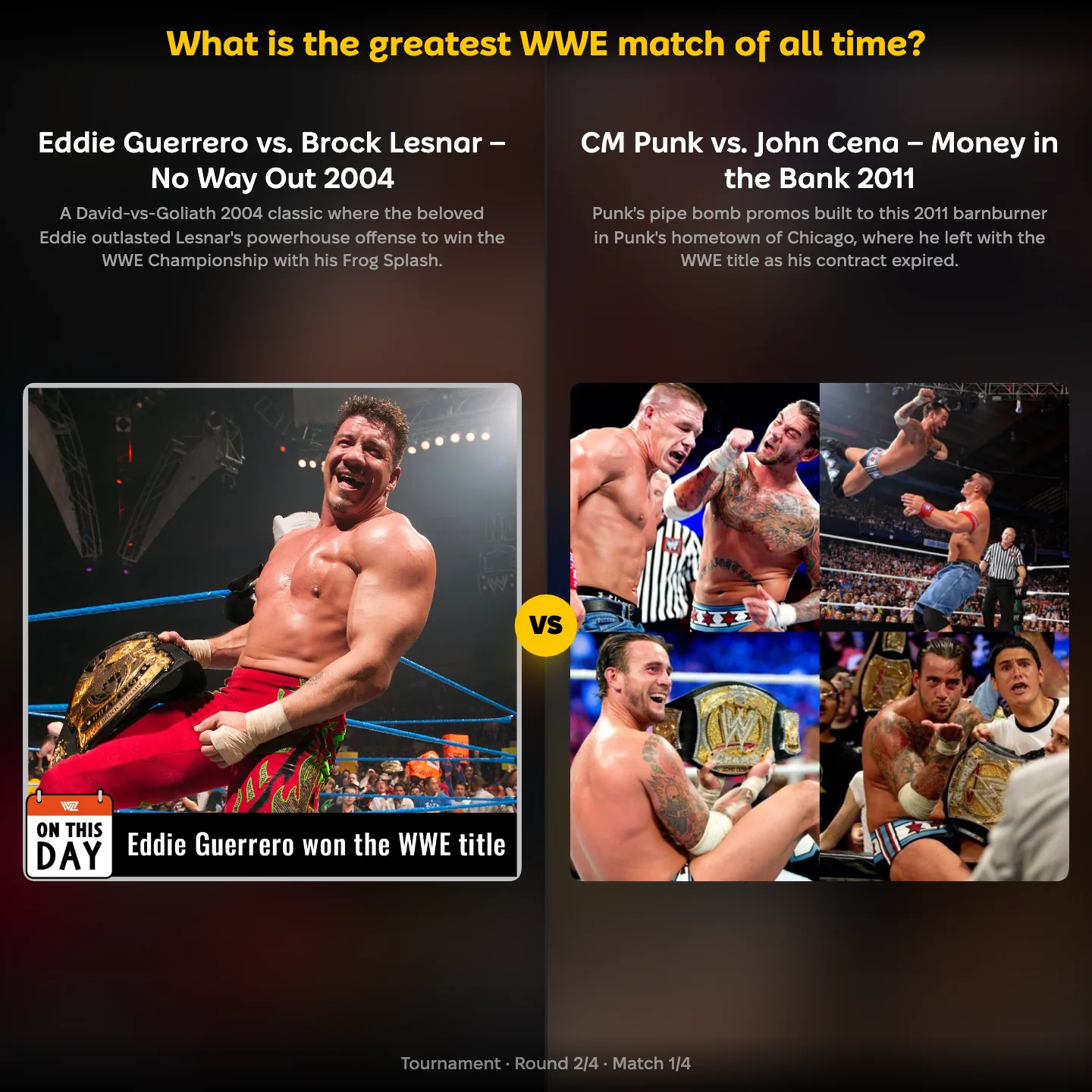 The greatest WWE match ranking, showing Eddie Guerrero vs Brock Lesnar against CM Punk vs John Cena