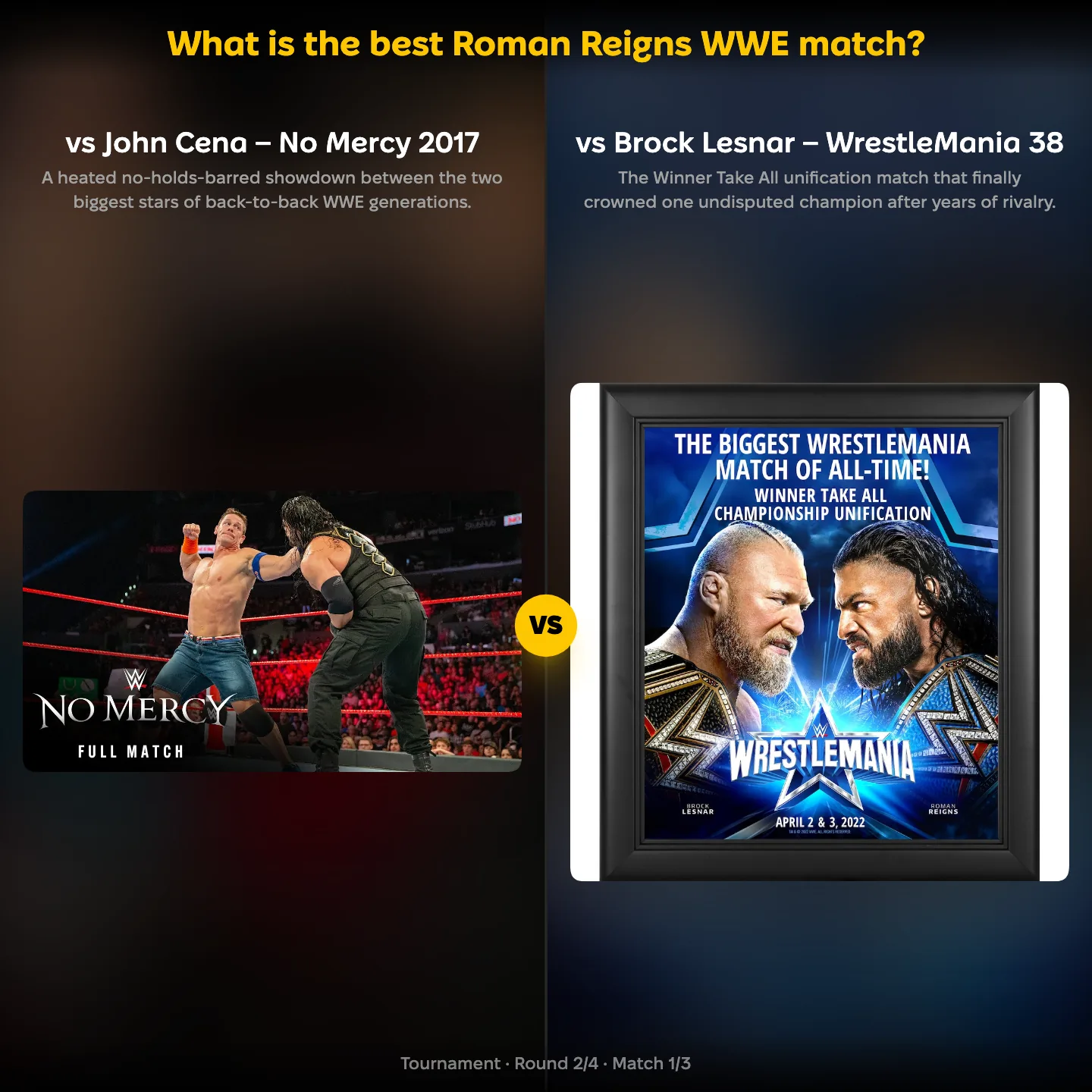 The best Roman Reigns WWE match ranking, his No Mercy 2017 match with John Cena against his WrestleMania 38 match with Brock Lesnar