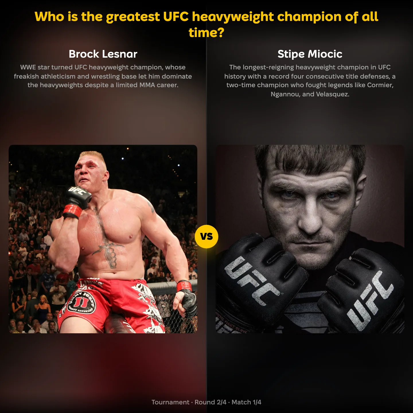The greatest UFC heavyweight champion ranking, Brock Lesnar against Stipe Miocic