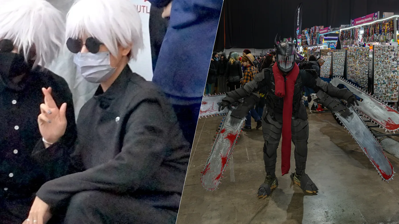 Jujutsu Kaisen and Chainsaw Man cosplayers side by side: Satoru Gojo on the left, Chainsaw Man on the right