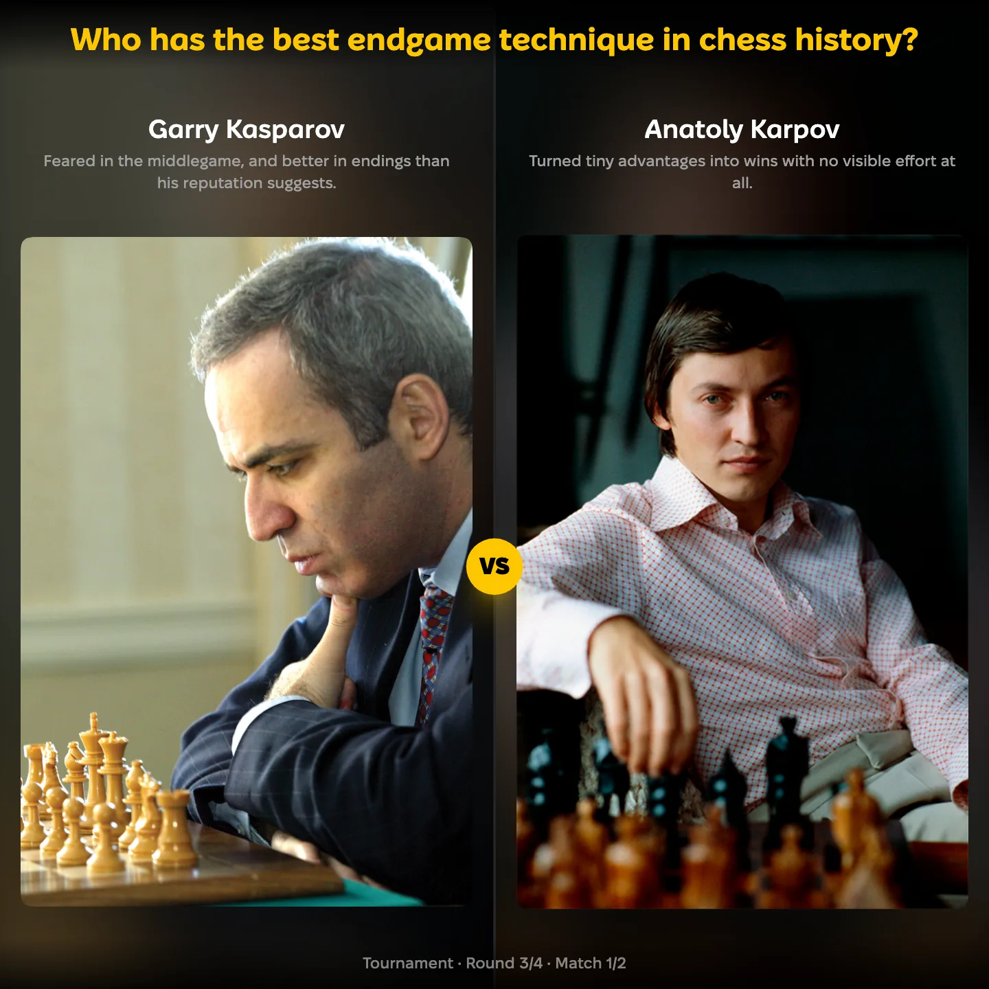 Garry Kasparov against Anatoly Karpov in the ranking of the best endgame technique in chess history