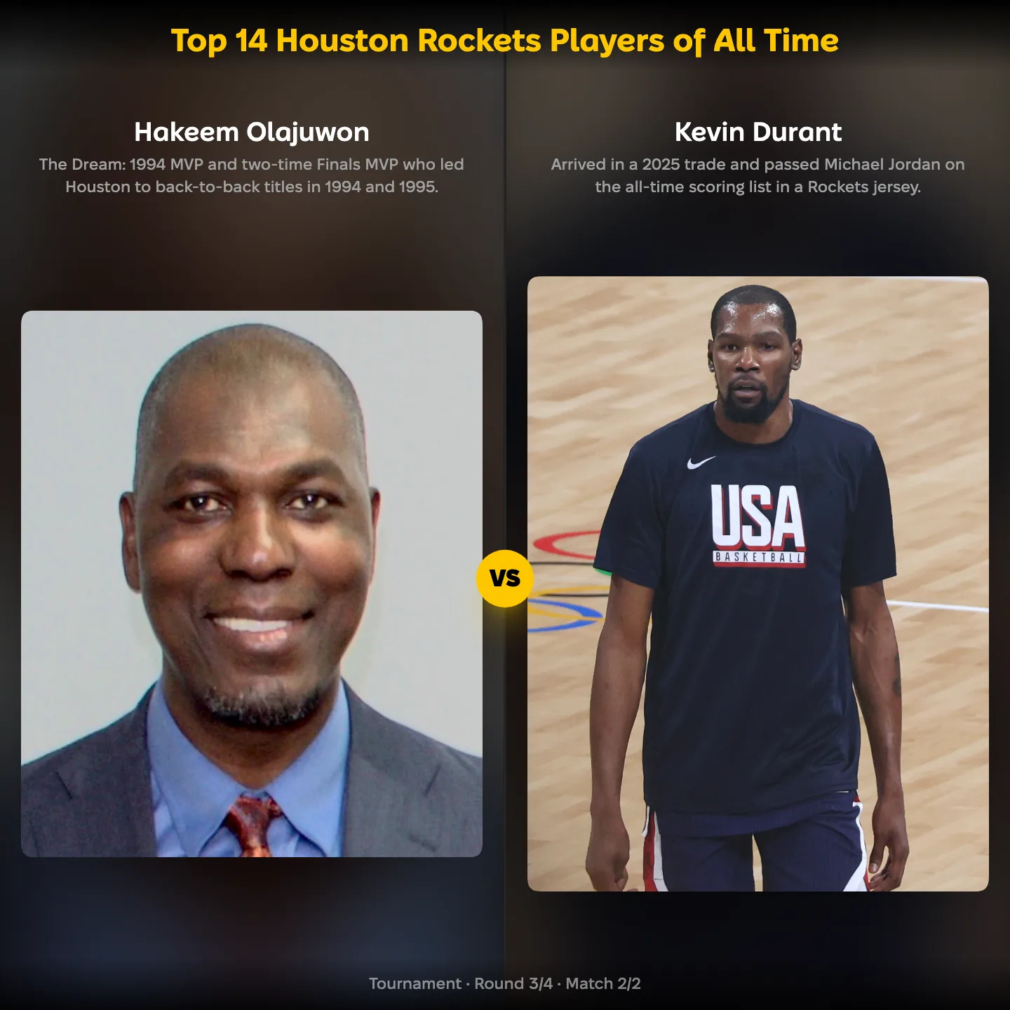 Top 14 Houston Rockets players of all time ranking, Hakeem Olajuwon against Kevin Durant