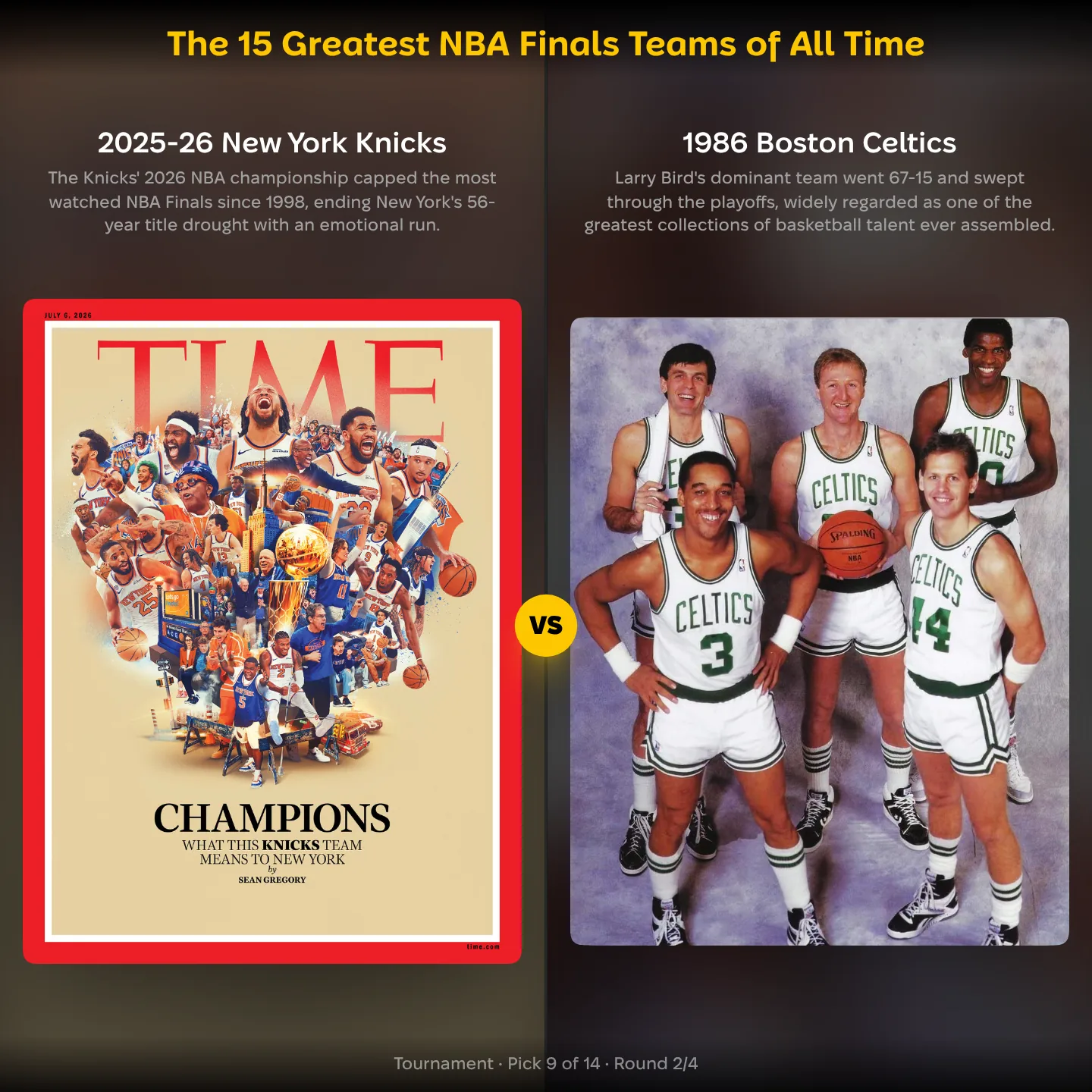 2025-26 Knicks vs 1986 Celtics in the ranking of the 15 greatest NBA Finals teams