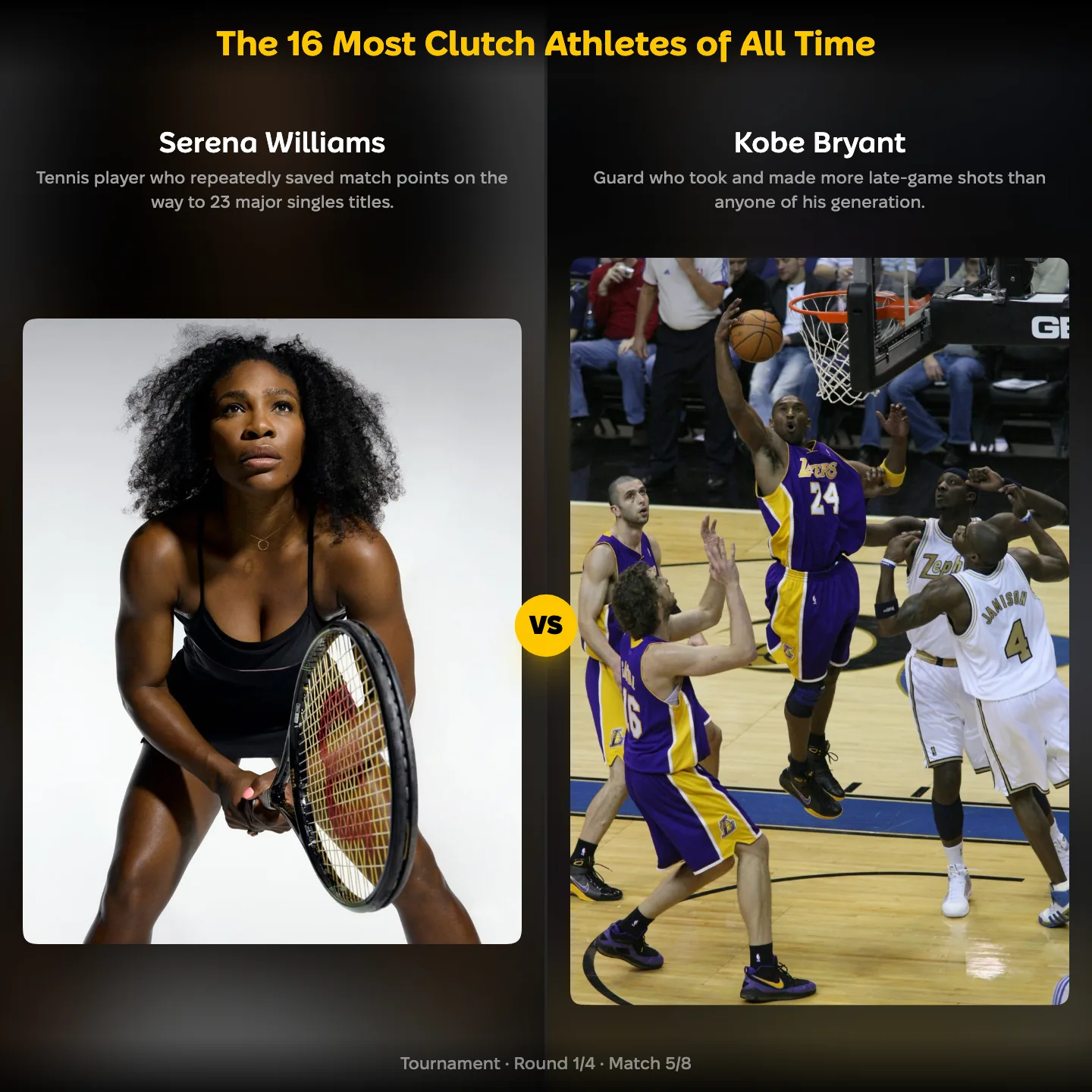 The 16 most clutch athletes of all time ranked, with Serena Williams against Kobe Bryant