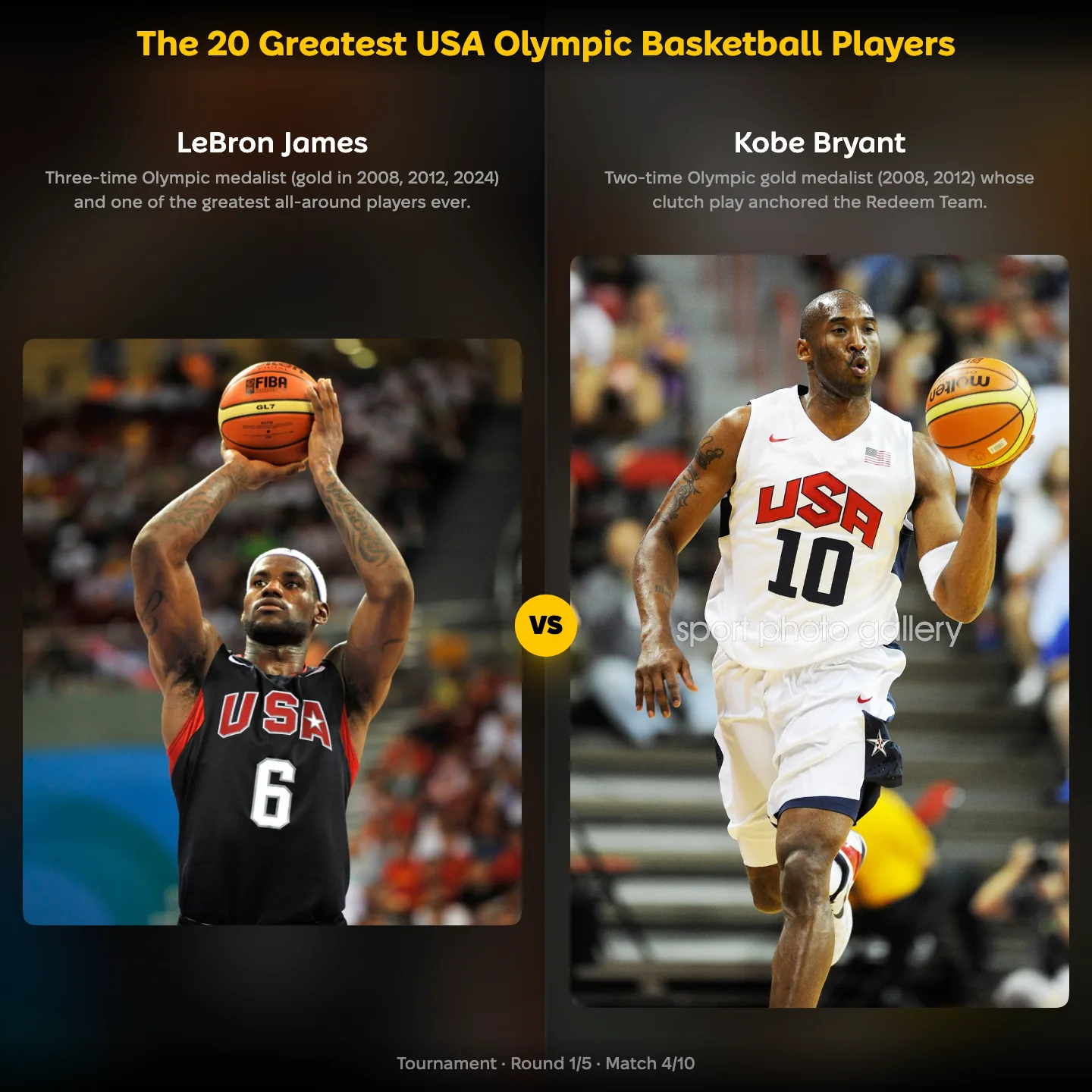 The 20 greatest USA Olympic basketball players ranked, with LeBron James against Kobe Bryant