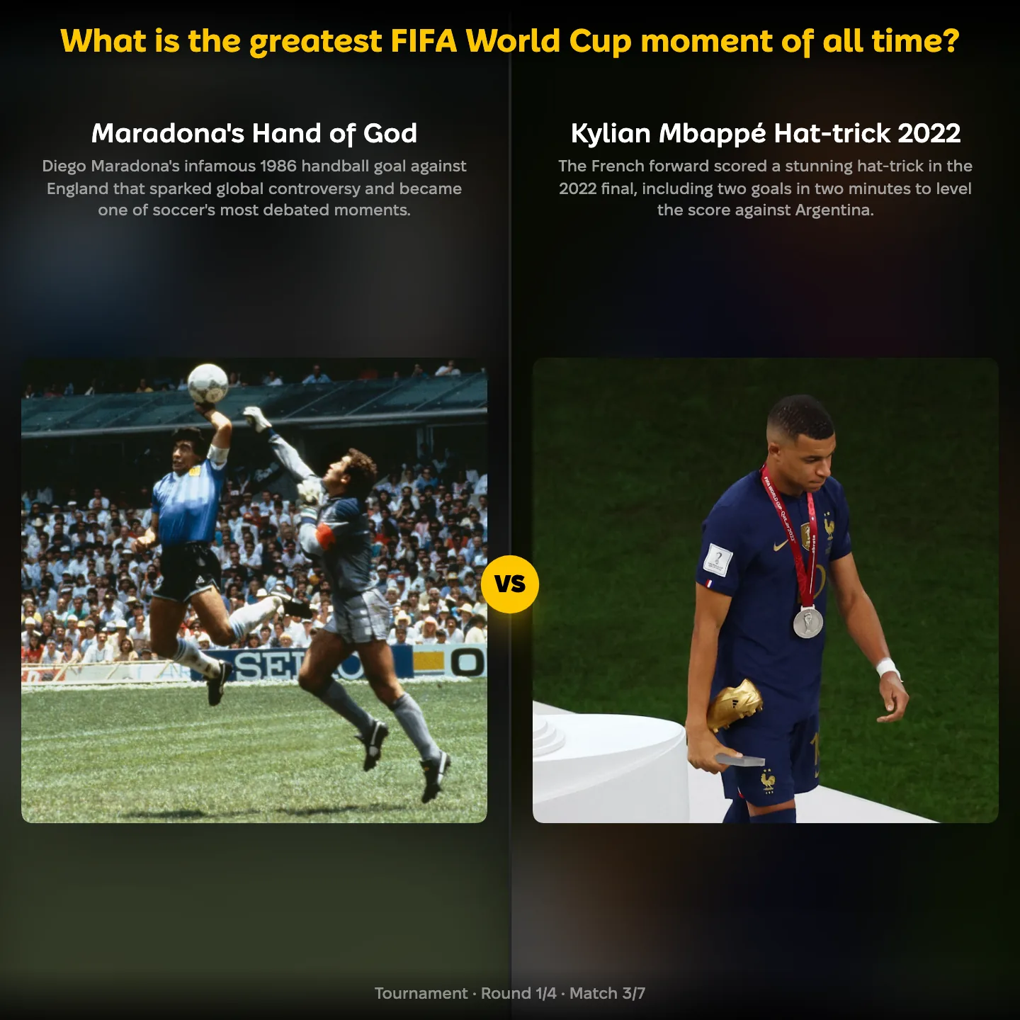 Greatest FIFA World Cup moment of all time ranking, Mbappé's 2022 hat-trick against Maradona's Hand of God