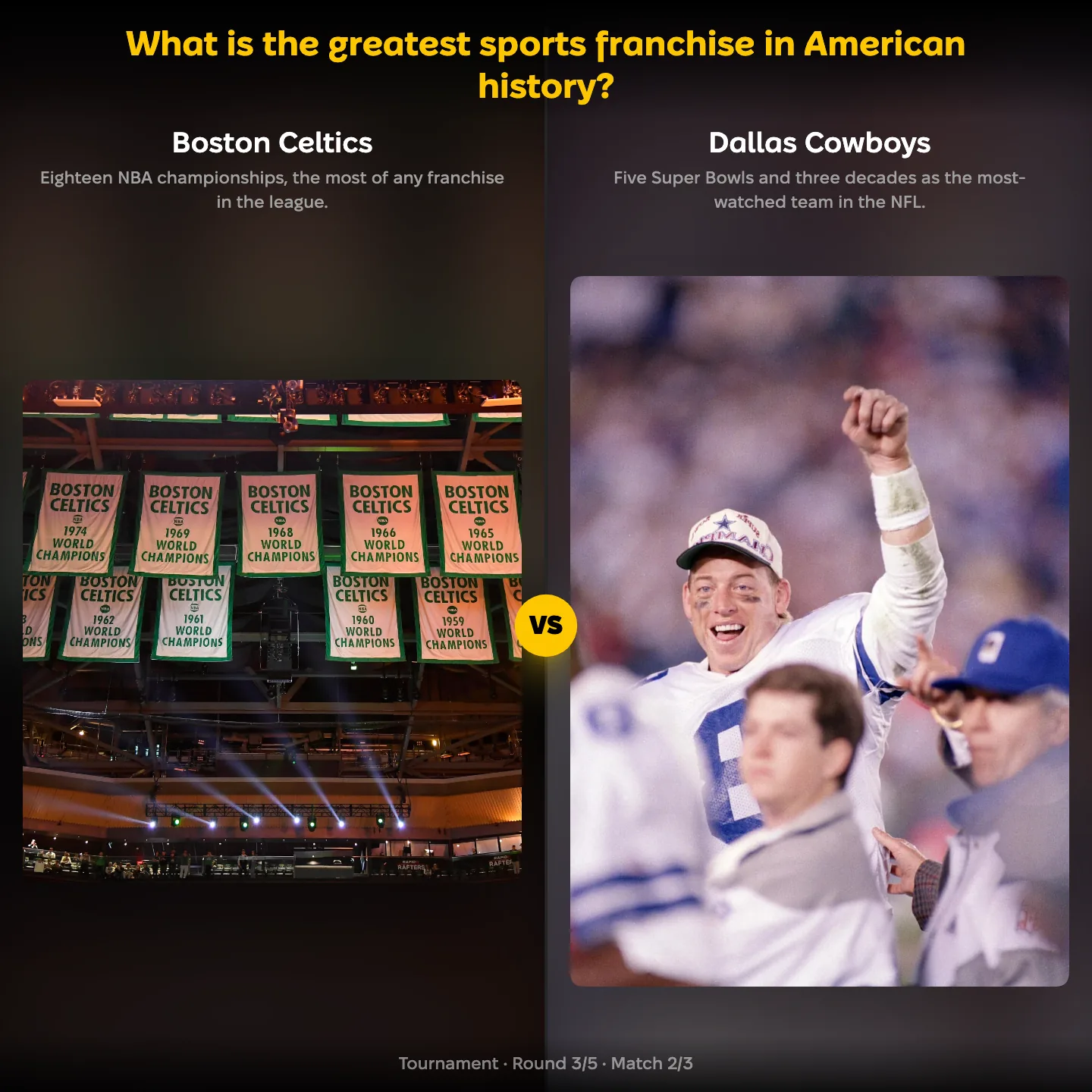 The greatest sports franchise in American history ranked, with the Boston Celtics against the Dallas Cowboys