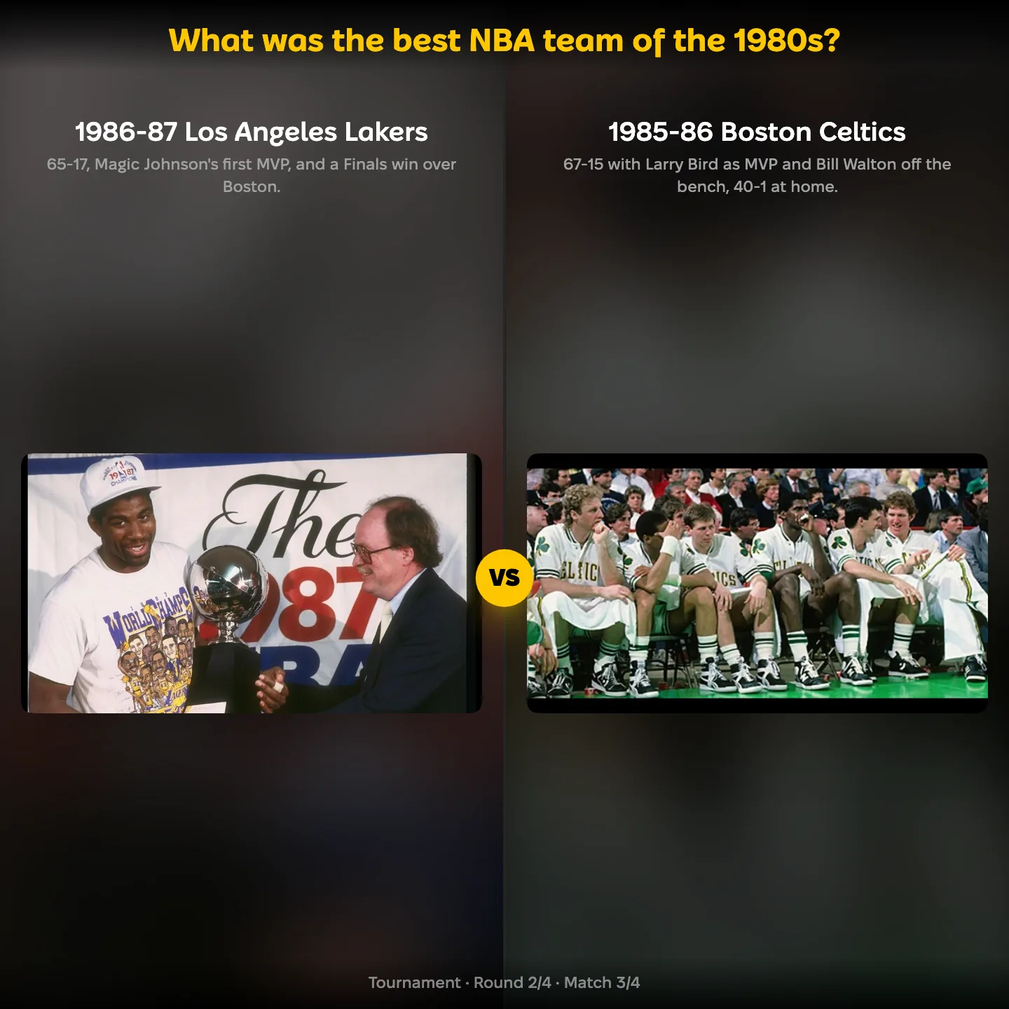 The best NBA team of the 1980s ranked, with the 1986-87 Los Angeles Lakers against the 1985-86 Boston Celtics