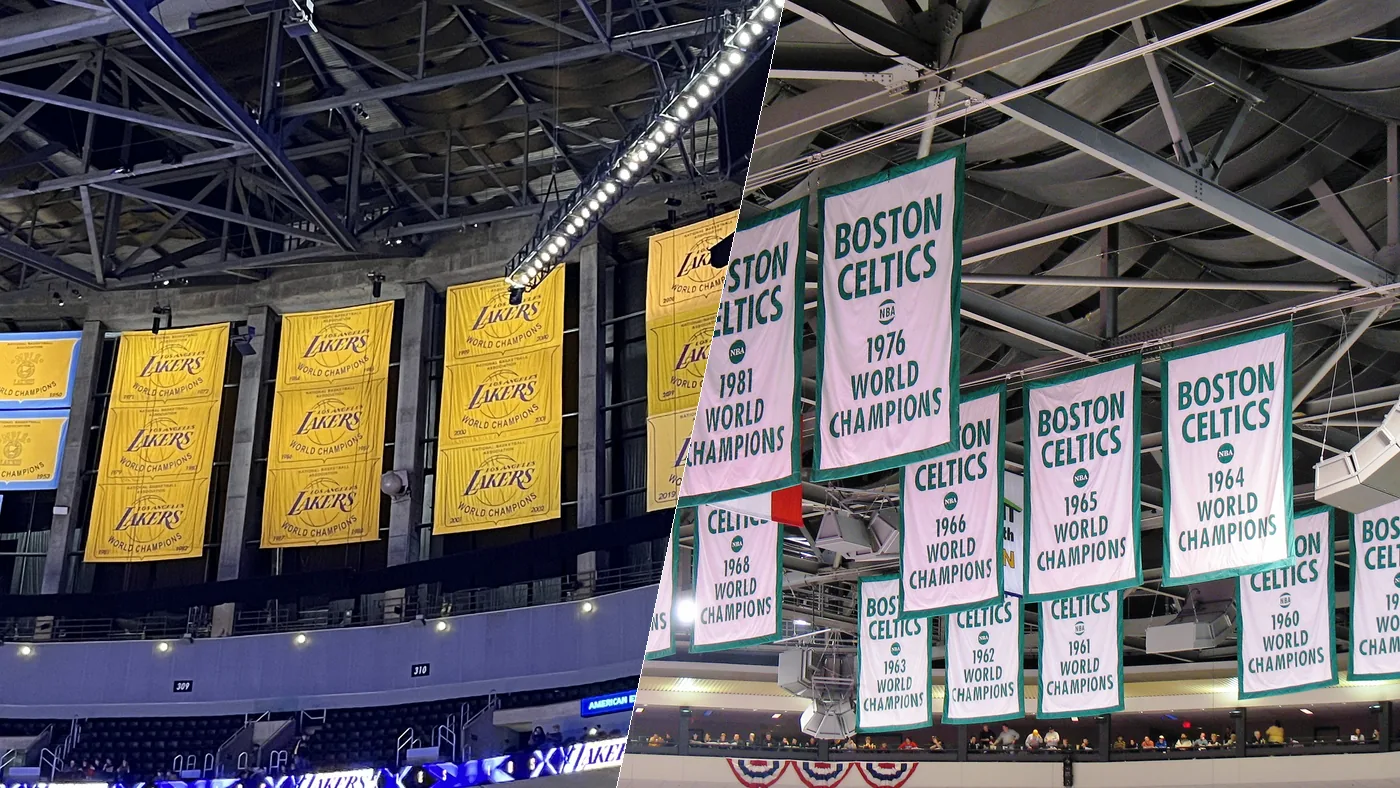 Championship banners in the rafters of the Los Angeles Lakers and the Boston Celtics, side by side
