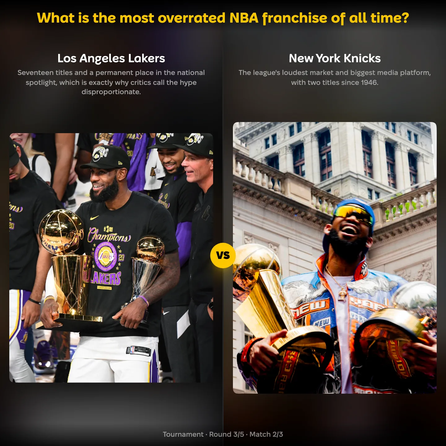 The most overrated NBA franchise of all time ranked, with the Los Angeles Lakers against the New York Knicks