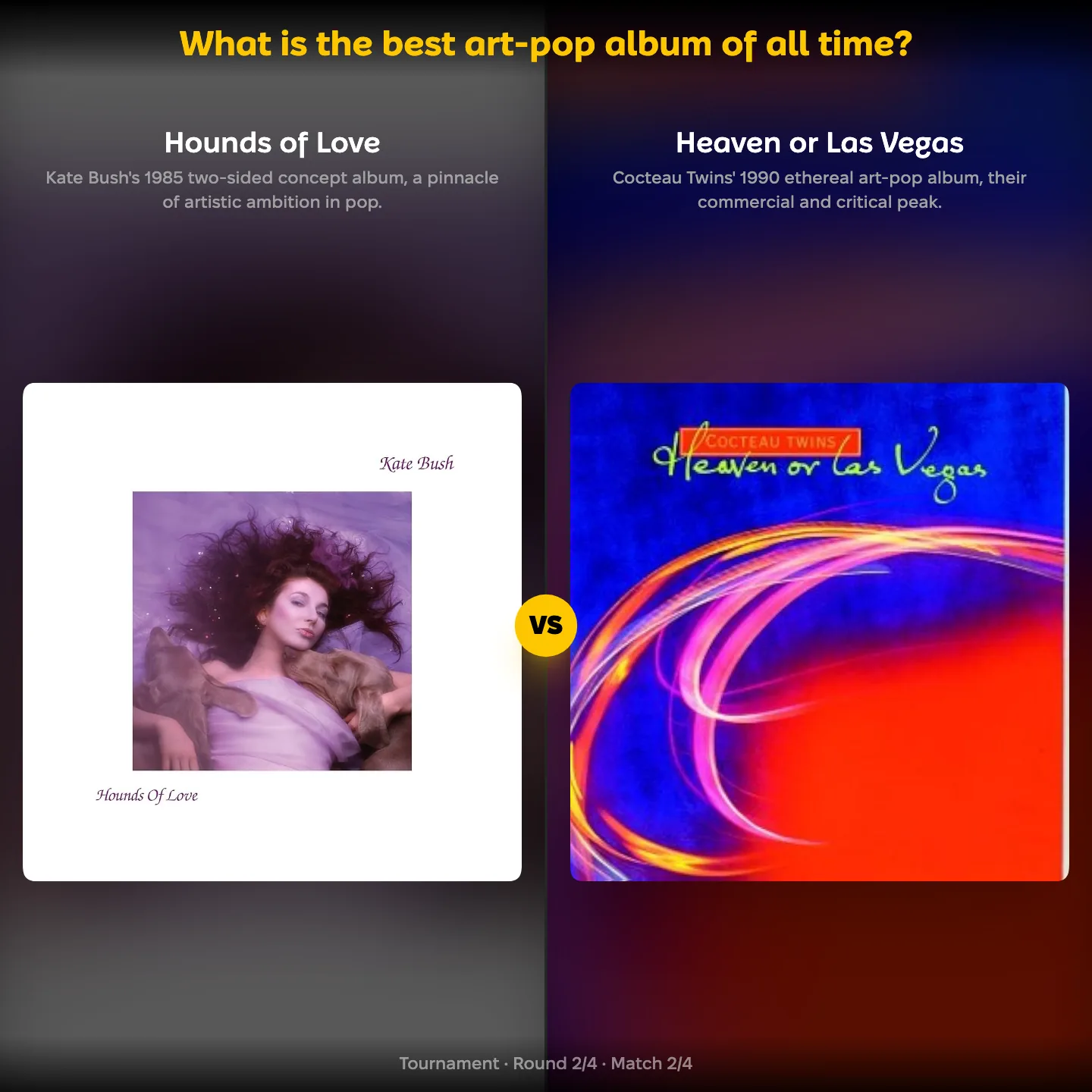 The best art-pop album of all time, with Hounds of Love against Heaven or Las Vegas
