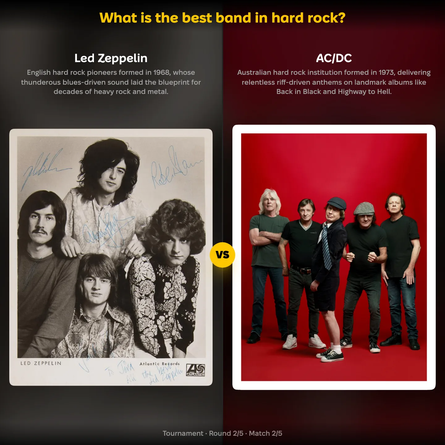 Led Zeppelin against AC/DC in the ranking of the best band in hard rock