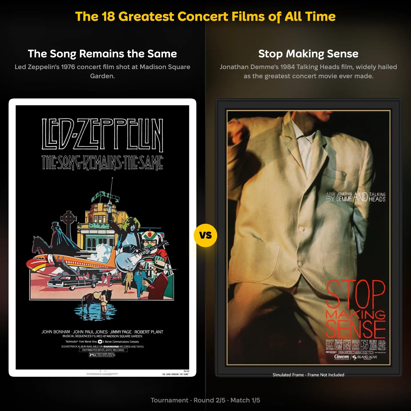 The Song Remains the Same against Stop Making Sense in the ranking of the greatest concert films of all time