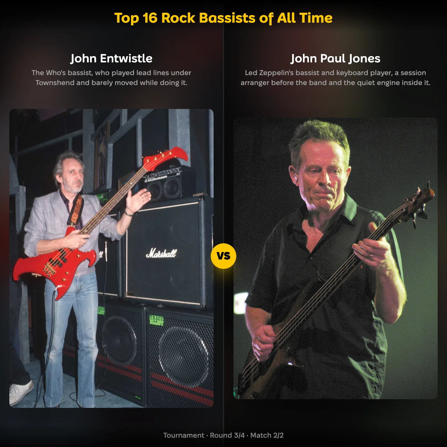 John Entwistle against John Paul Jones in the ranking of the top rock bassists of all time