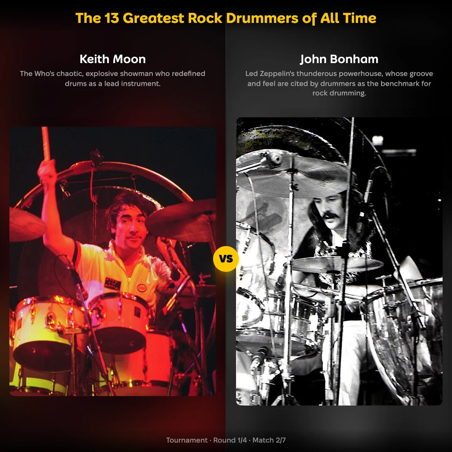 Keith Moon against John Bonham in the ranking of the greatest rock drummers of all time