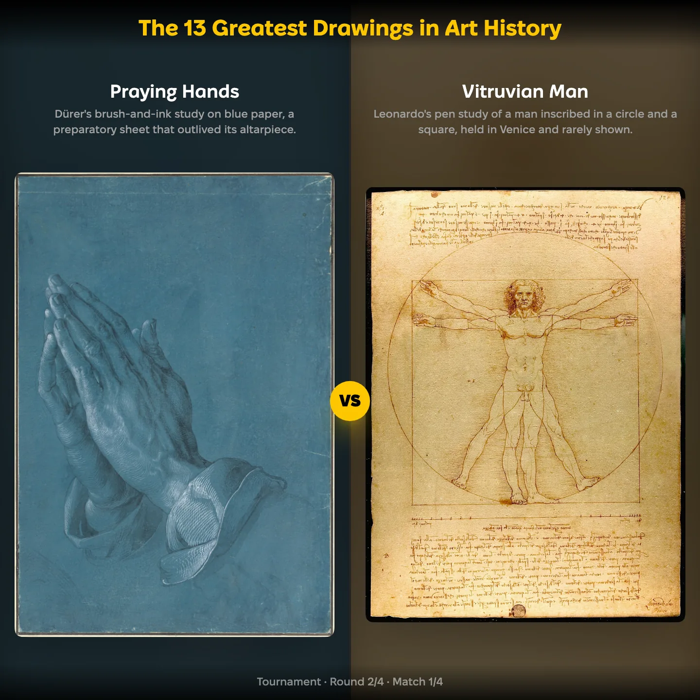 The 13 greatest drawings in art history ranked, with Dürer's Praying Hands against Leonardo da Vinci's Vitruvian Man